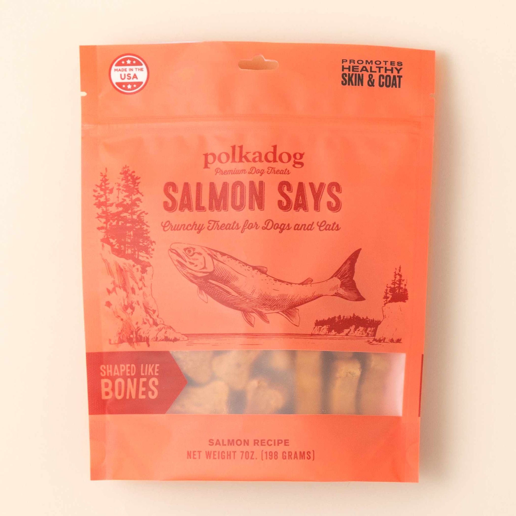 Polkadog Salmon Says Bone Shaped Crunchy Dog and Cat Treats 7oz Image 1