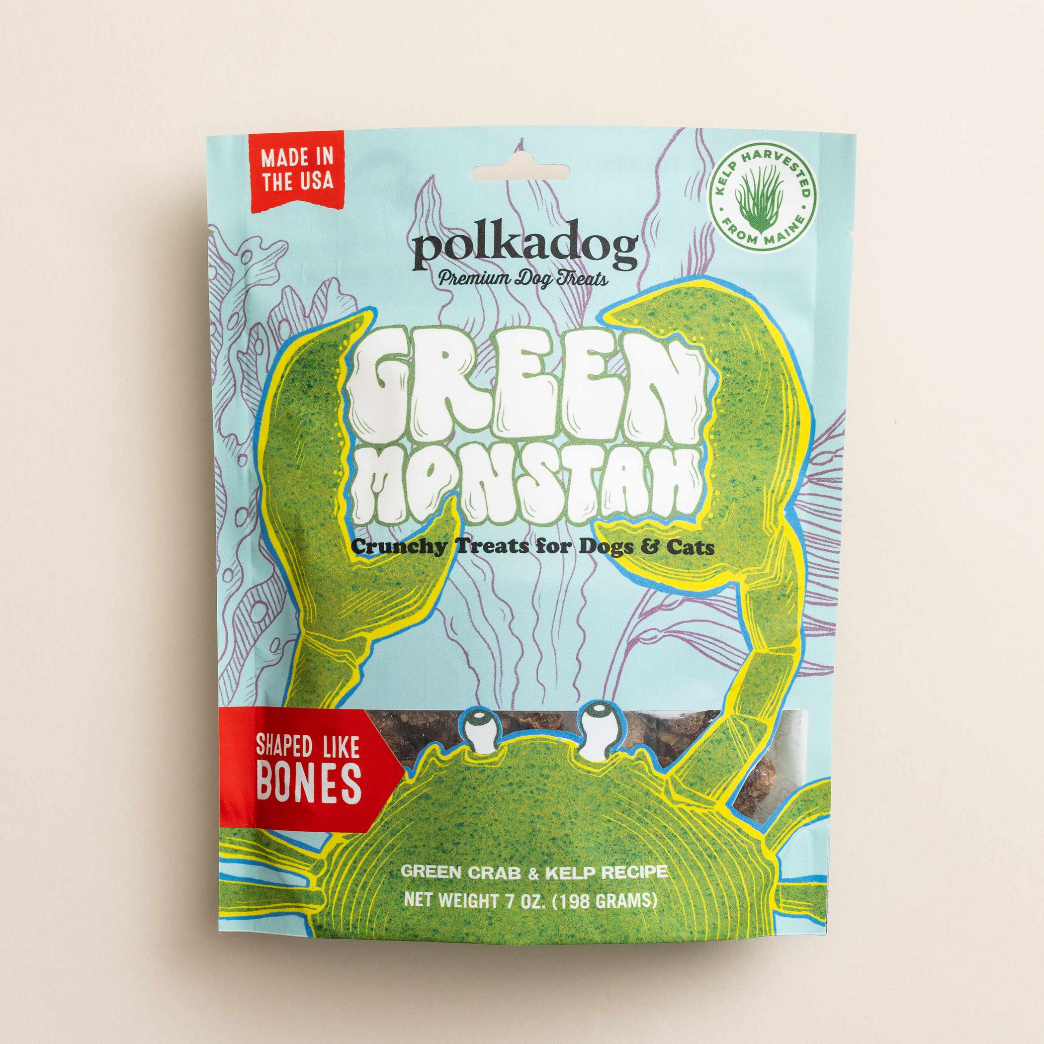 Polkadog Green Monstah Bone Shaped Crunchy Dog and Cat Treats 7oz Image 1