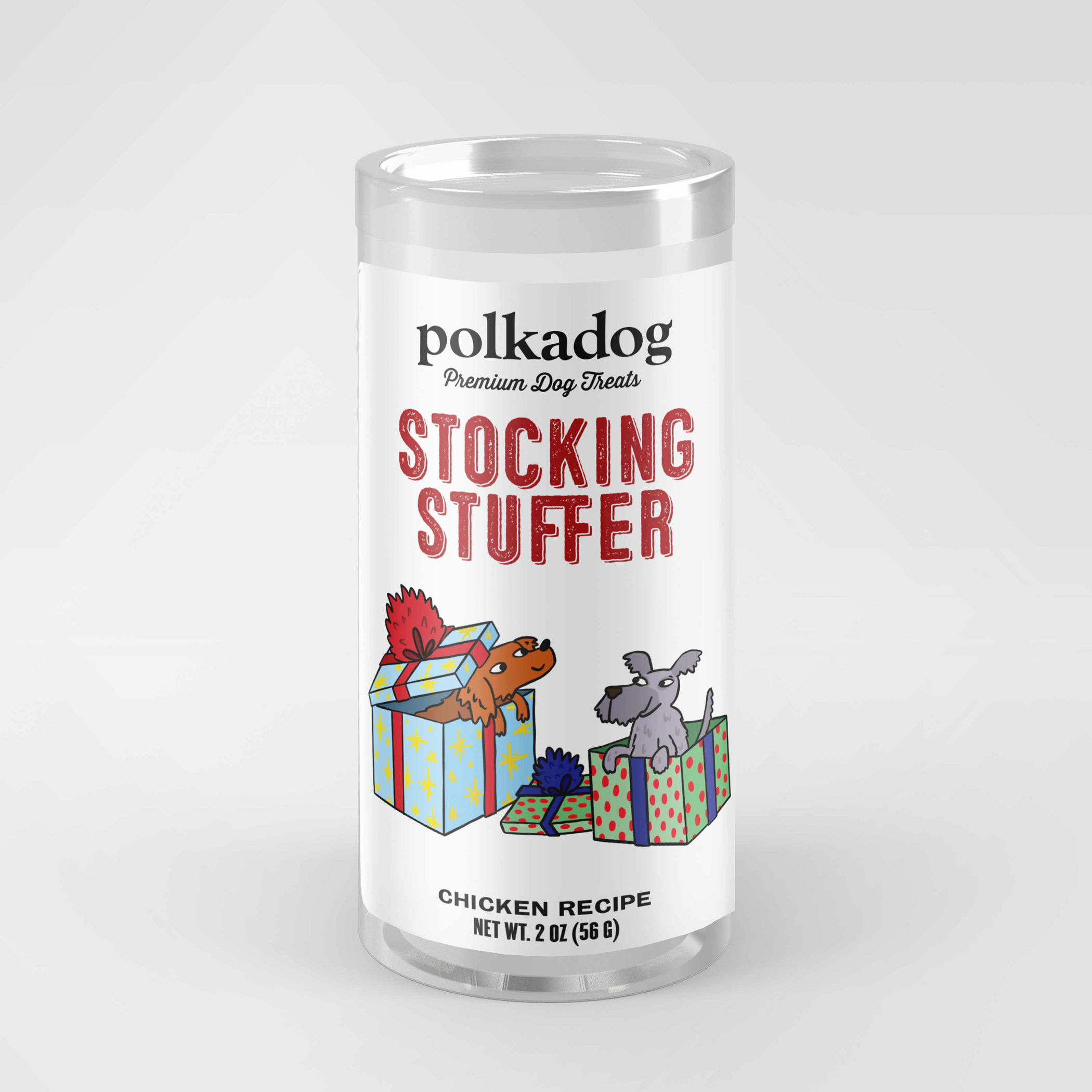 Polka Dog Holiday Mini Tube: Stocking Stuffer, Chicken Little Bits 2oz Image 1