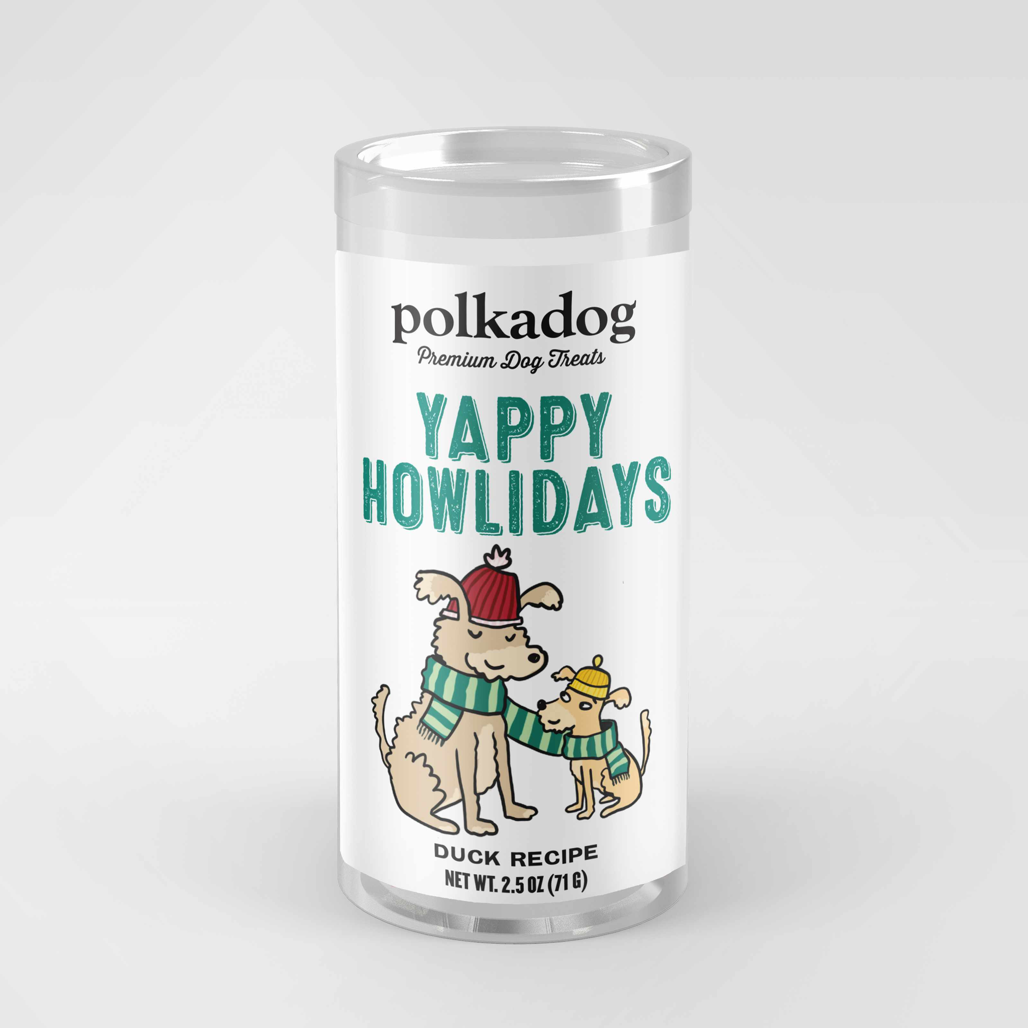 Polka Dog Holiday Mini Tube: Yappy Howlidays, Lucky Duck Bits 2oz Image 1