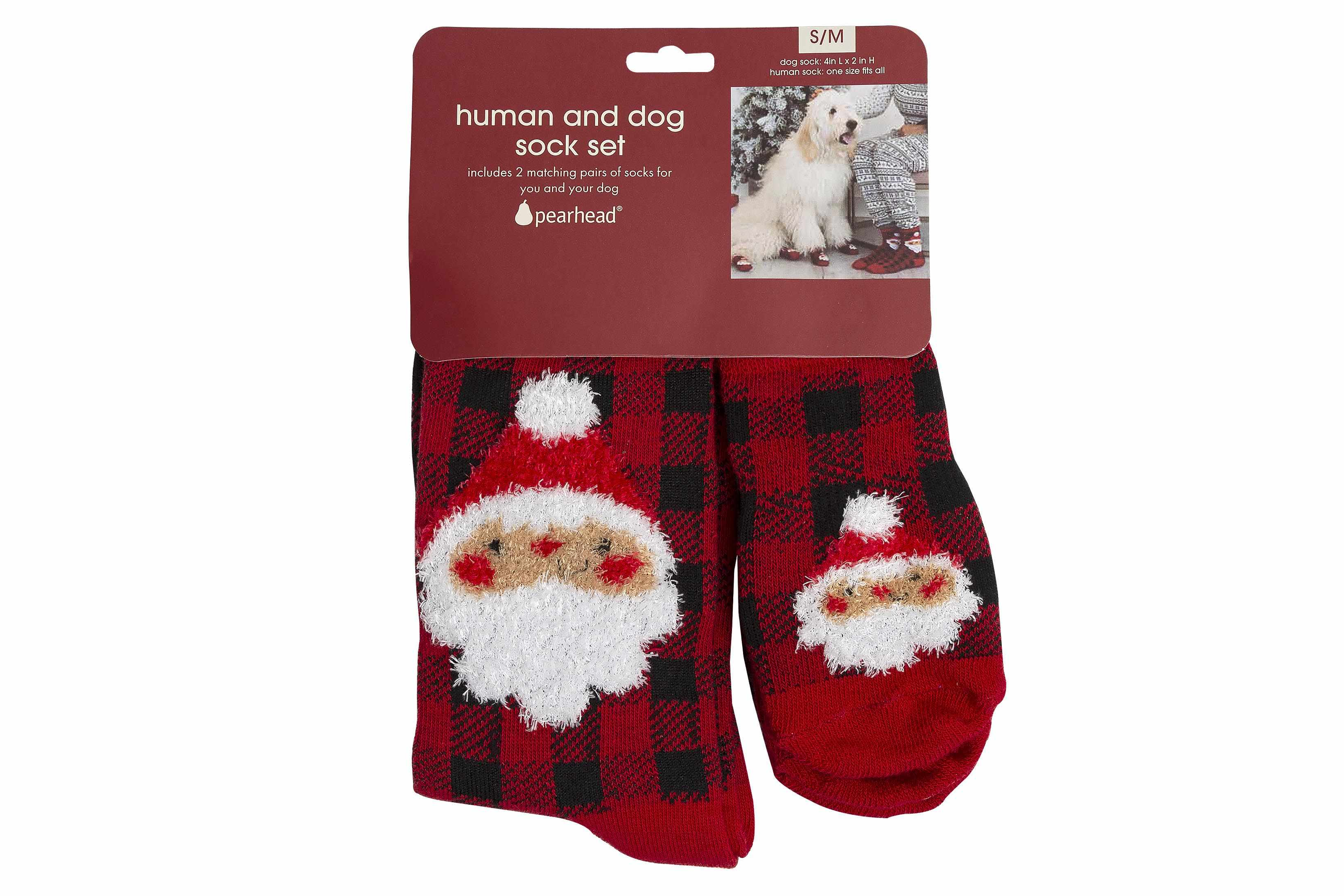 Pearhead Human and Dog Sock Set Buffalo Check Santa Image 1