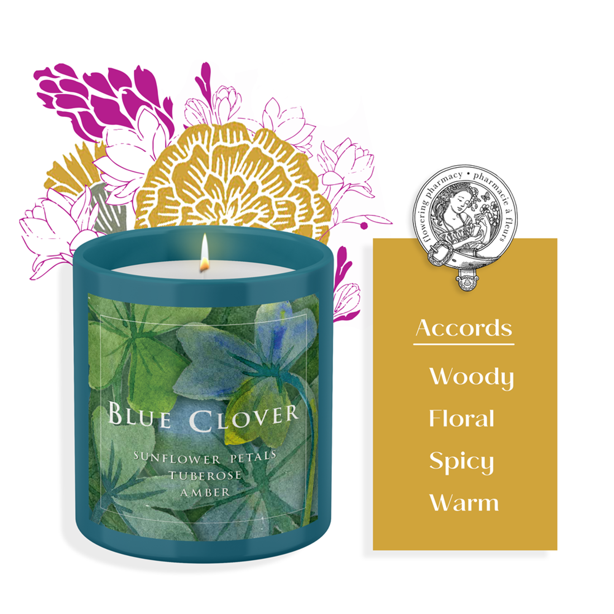 Candle Blue Clover Fragrance Glass Container 8.5 oz Coconut and Soy Blend Floral and Woodsy Notes Designed in France