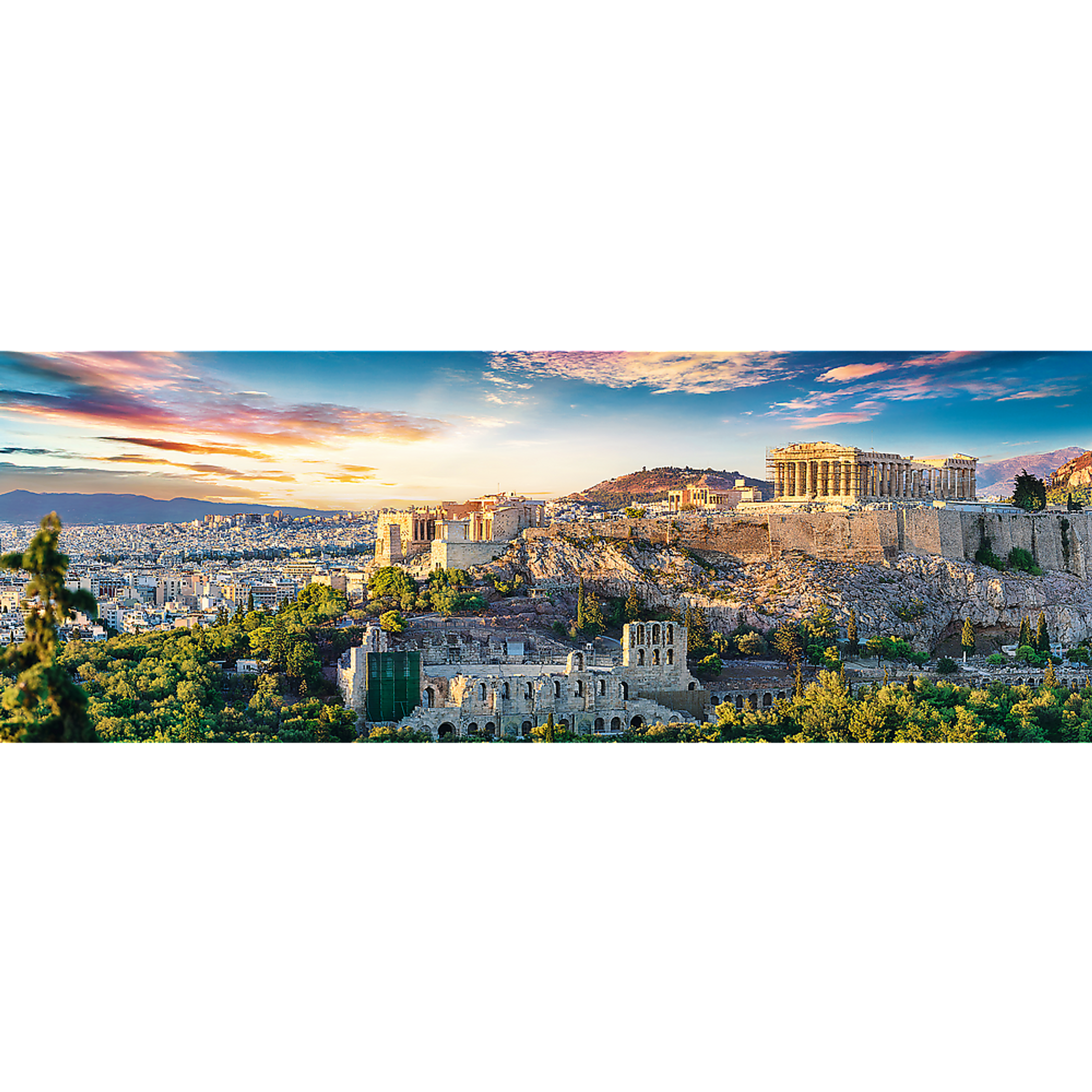 Jigsaw puzzle city view of Athens with Acropolis 500 pieces blue cardboard durable non-reflective linen paper 25.98 x 9.33 inches