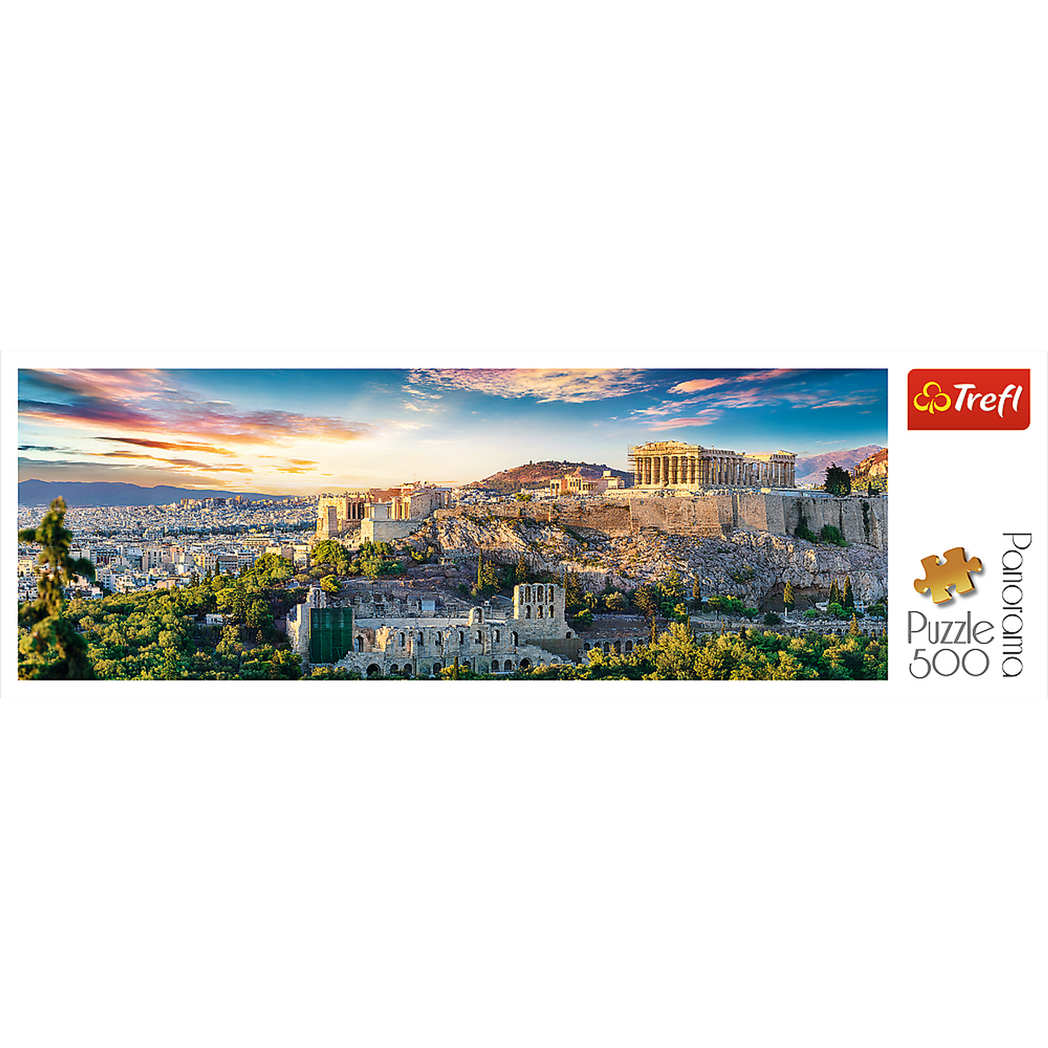 Jigsaw puzzle city view of Athens with Acropolis 500 pieces blue cardboard durable non-reflective linen paper 25.98 x 9.33 inches
