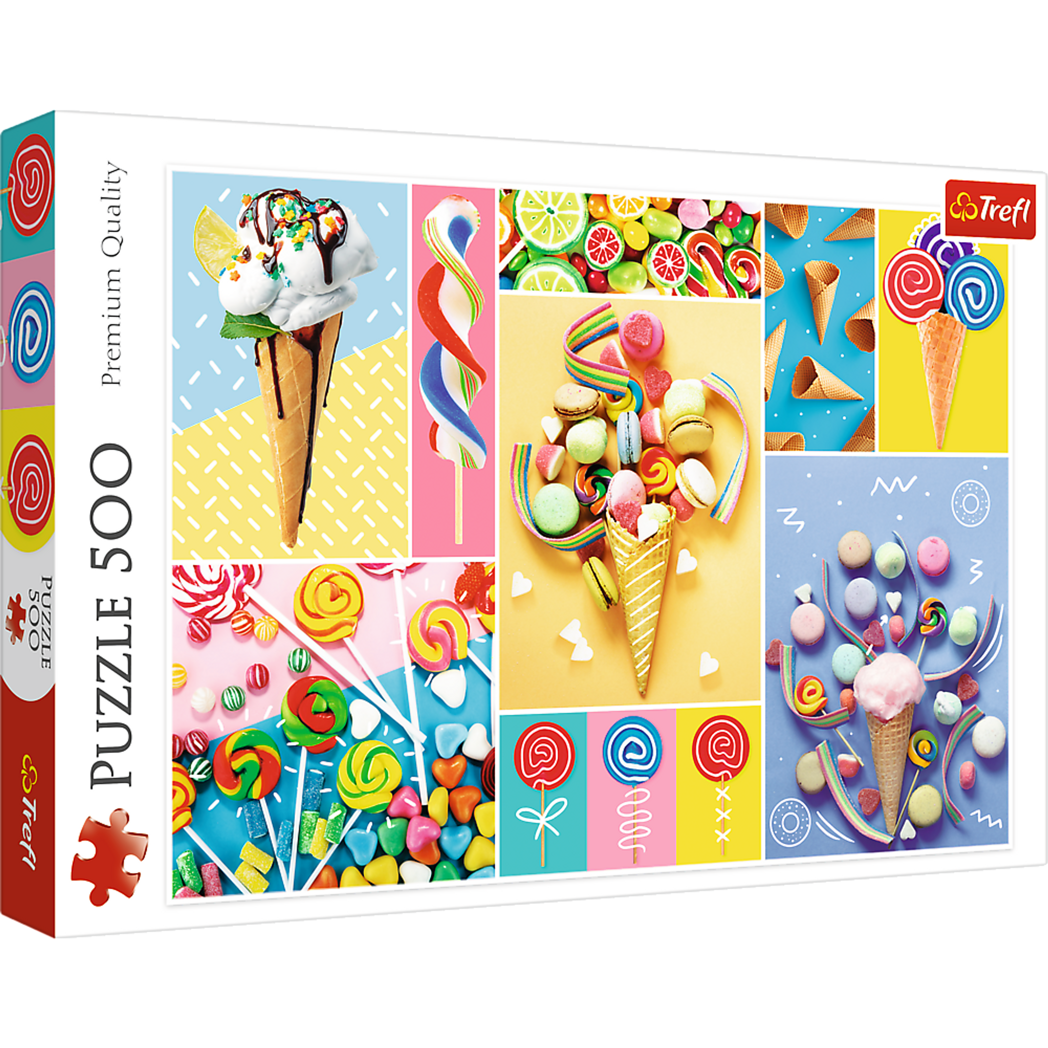 Jigsaw Puzzle 500 Piece Photo Collage of Sweets Ice Cream and Colorful Candies Blue Cardboard Dimensions 15.59 x 10.47 x 1.73 inches