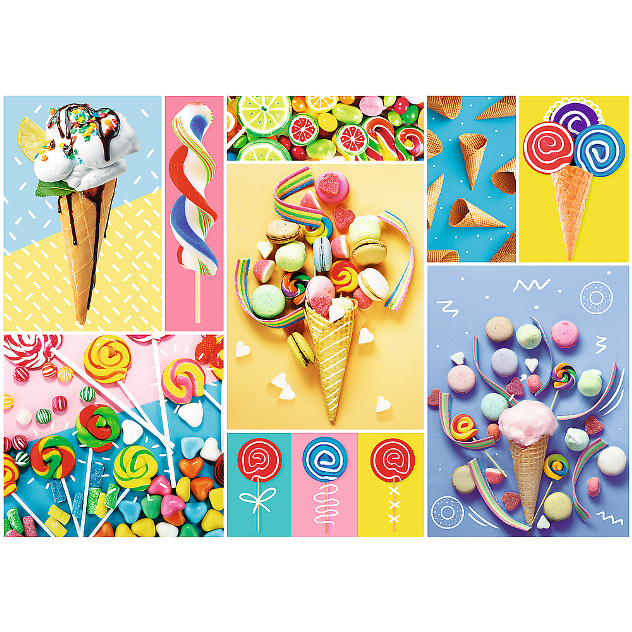 Jigsaw Puzzle 500 Piece Photo Collage of Sweets Ice Cream and Colorful Candies Blue Cardboard Dimensions 15.59 x 10.47 x 1.73 inches