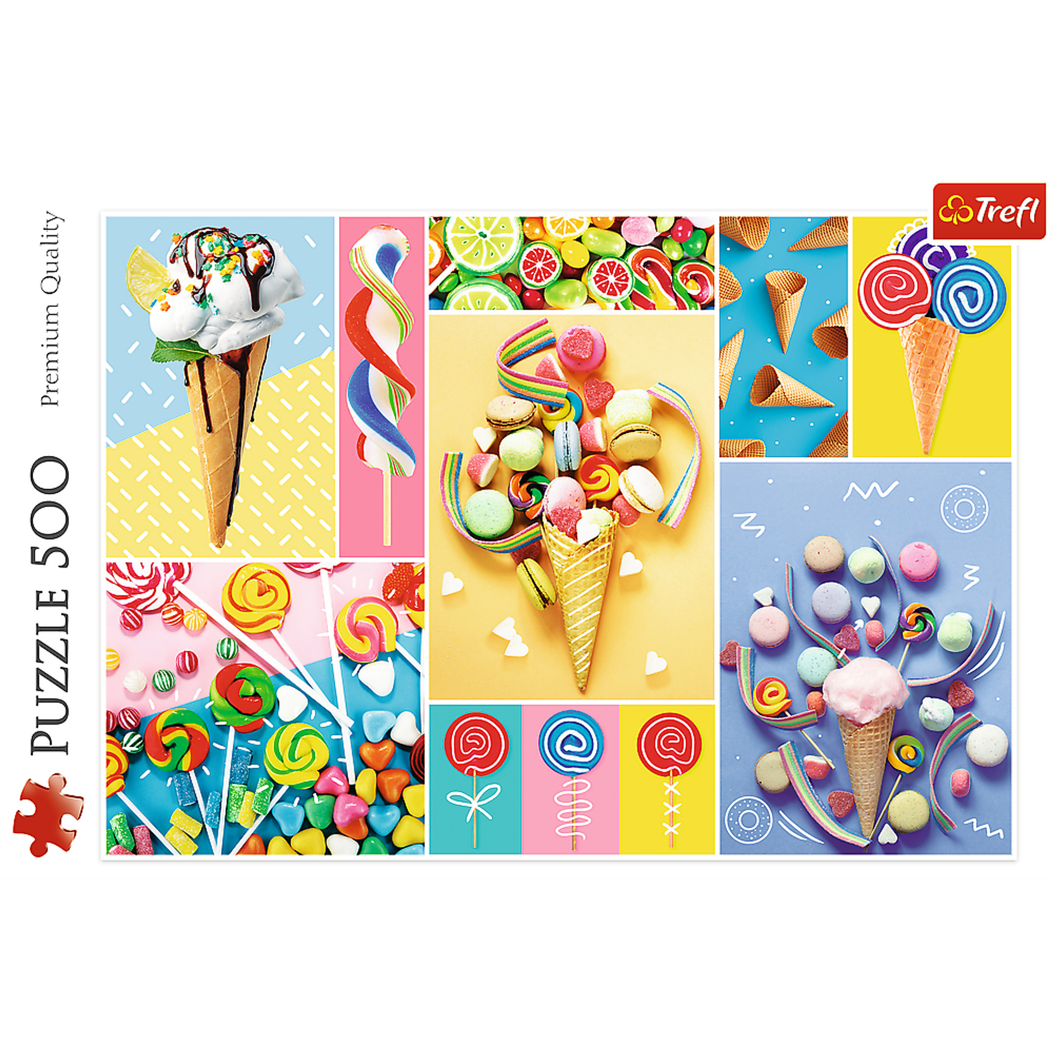 Jigsaw Puzzle 500 Piece Photo Collage of Sweets Ice Cream and Colorful Candies Blue Cardboard Dimensions 15.59 x 10.47 x 1.73 inches