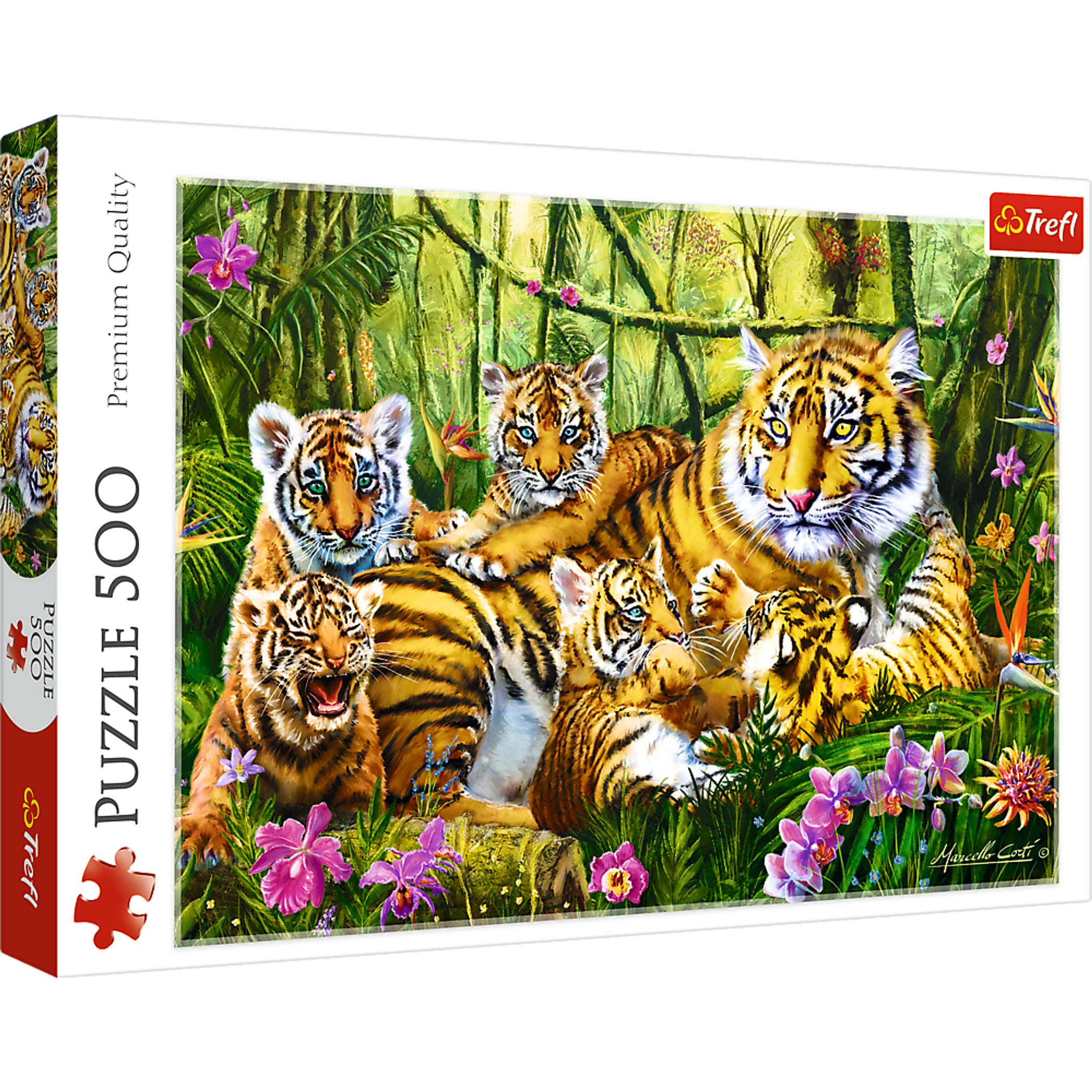 Jigsaw Puzzle 500 Piece Family of Tigers Colorful Design Durable Blue Cardboard Dimensions 15.59 x 10.47 x 1.73 Inches