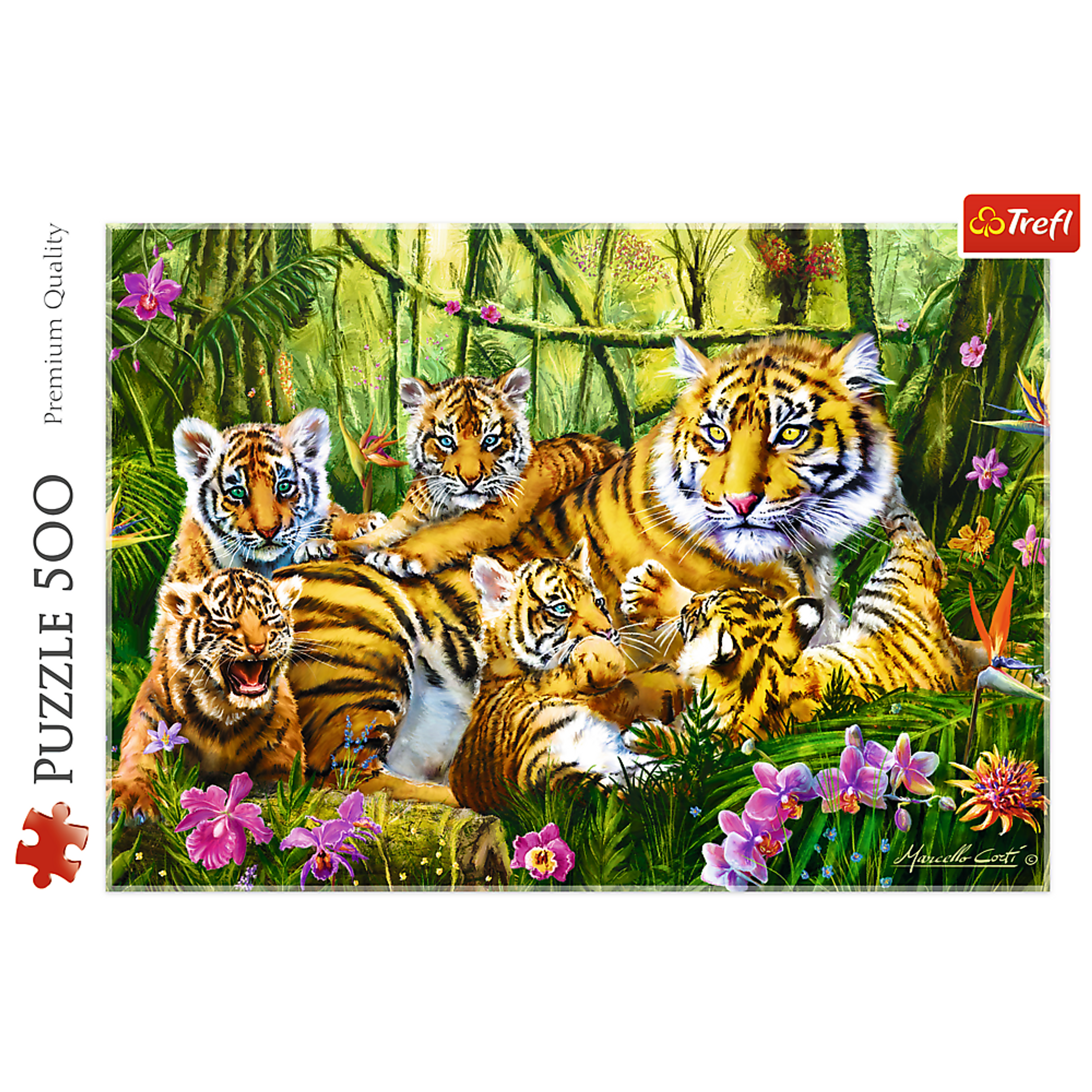 Jigsaw Puzzle 500 Piece Family of Tigers Colorful Design Durable Blue Cardboard Dimensions 15.59 x 10.47 x 1.73 Inches