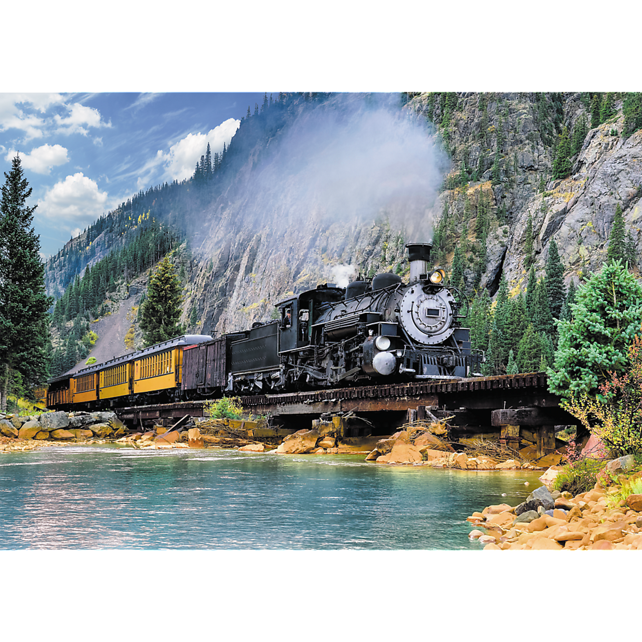 Jigsaw Puzzle 500 Piece Steam Train Mountain Landscape Blue Cardboard Dimensions 15.59 x 10.47 x 1.73 Inches Assembled Size 18.90 x 13.39 Inches