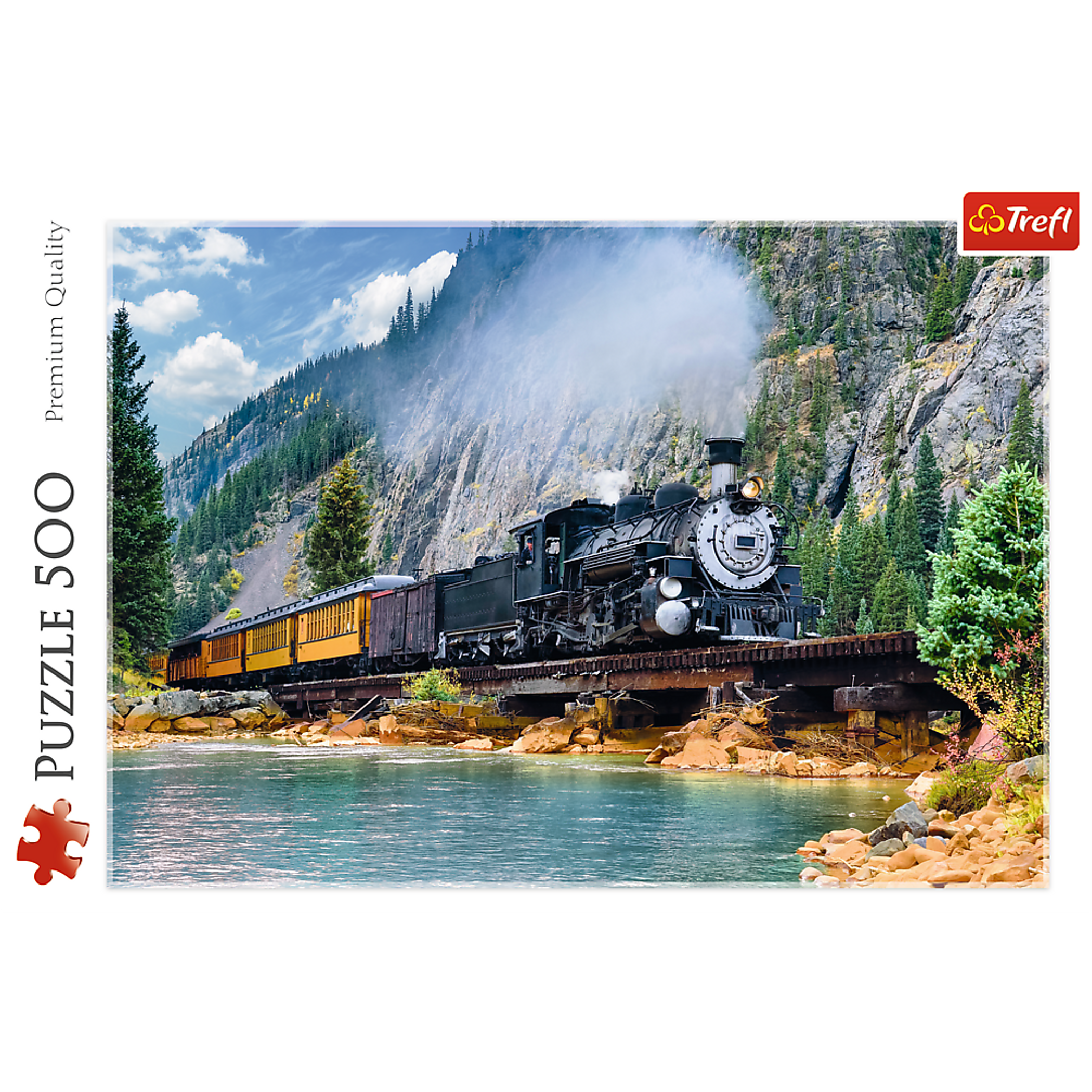 Jigsaw Puzzle 500 Piece Steam Train Mountain Landscape Blue Cardboard Dimensions 15.59 x 10.47 x 1.73 Inches Assembled Size 18.90 x 13.39 Inches