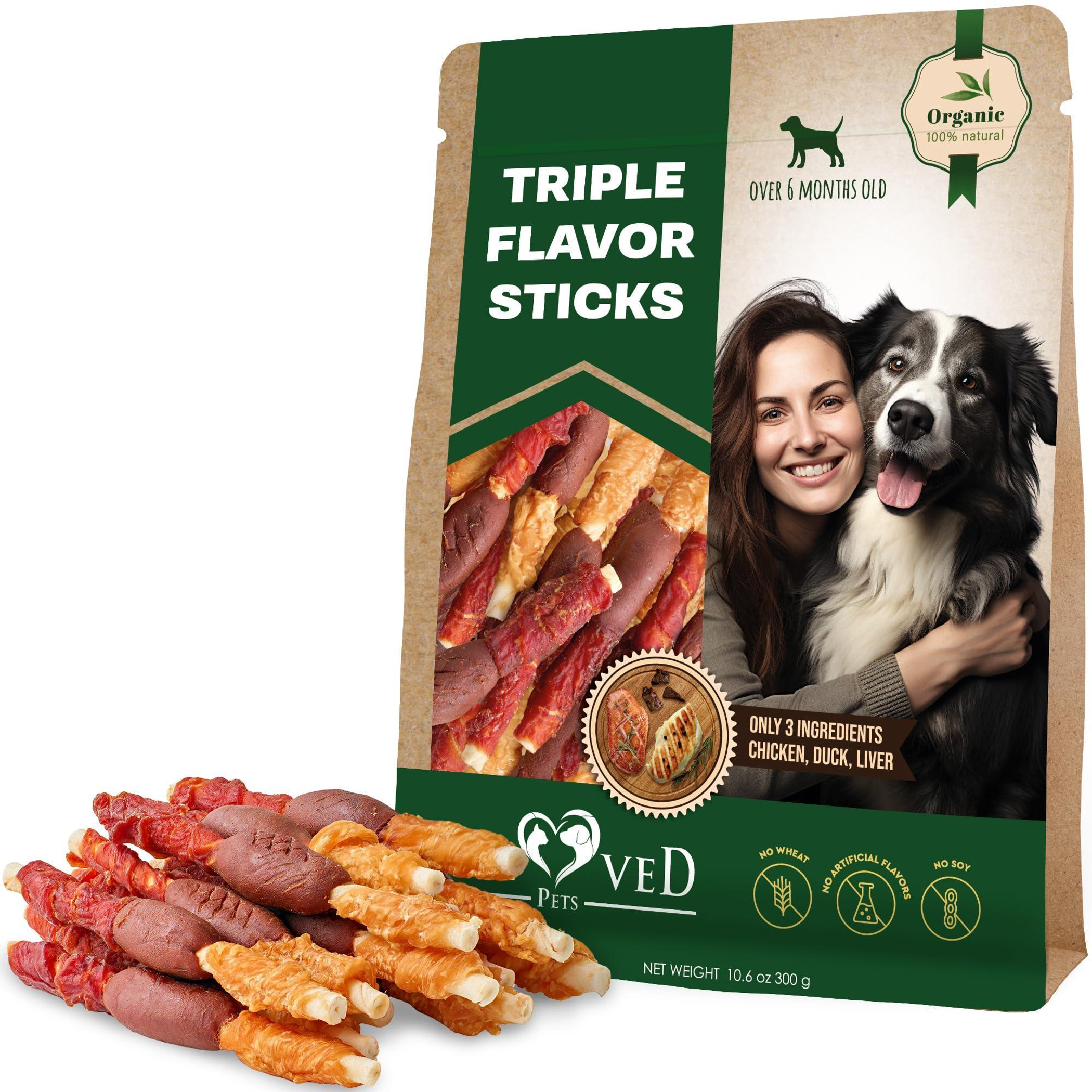 Triple Flavor Dog Rawhide Treats Duck & Chicken Human Grade Meat Natural & Organic Pet Dried Snacks Grain Free Long Lasting Chews for Large & Small Do Image 1