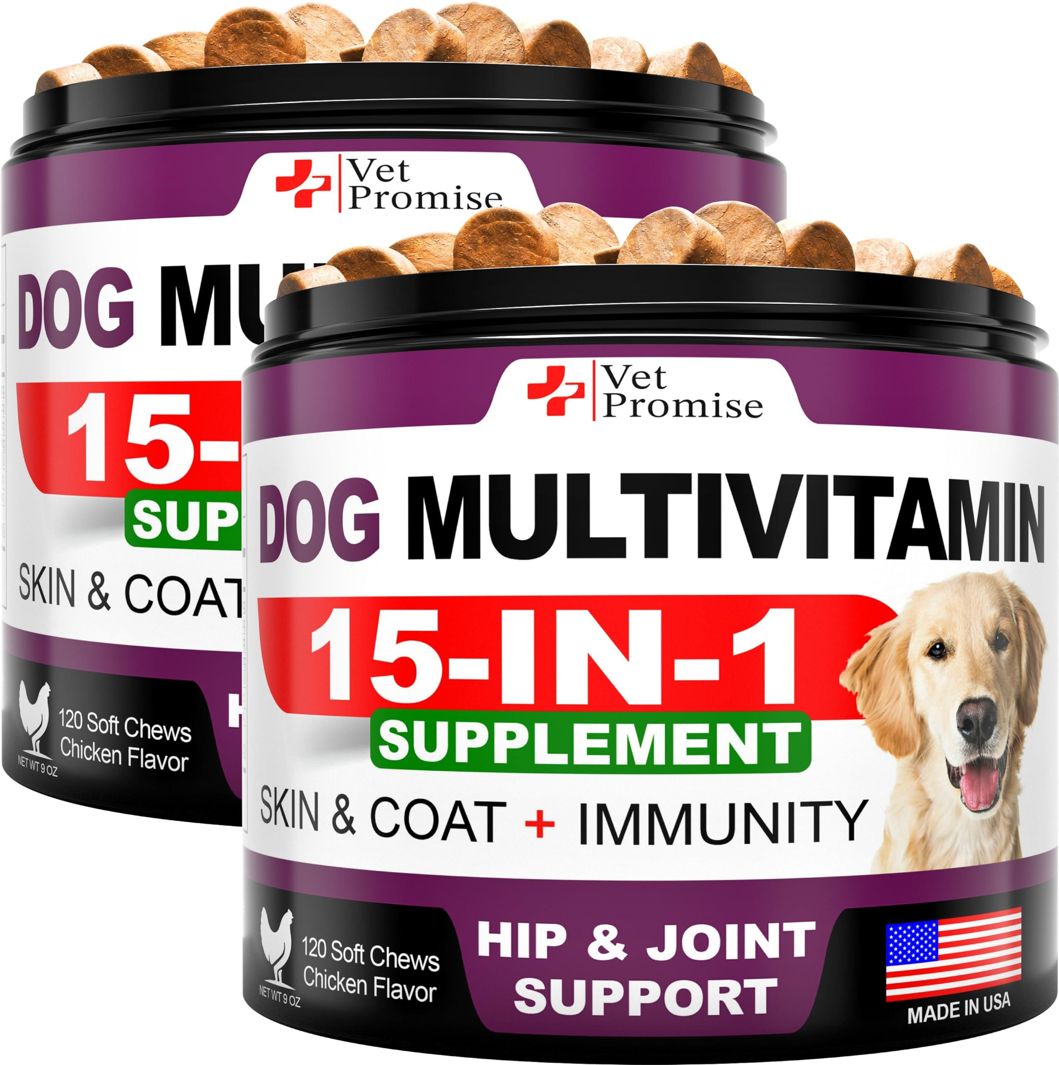 2 Pack Dog Multivitamin Chewable with Glucosamine 15-IN-1 Dog Vitamins and Supplements Senior & Puppy Multivitamin for Dogs Pet Joint Support Health I Vet Promise