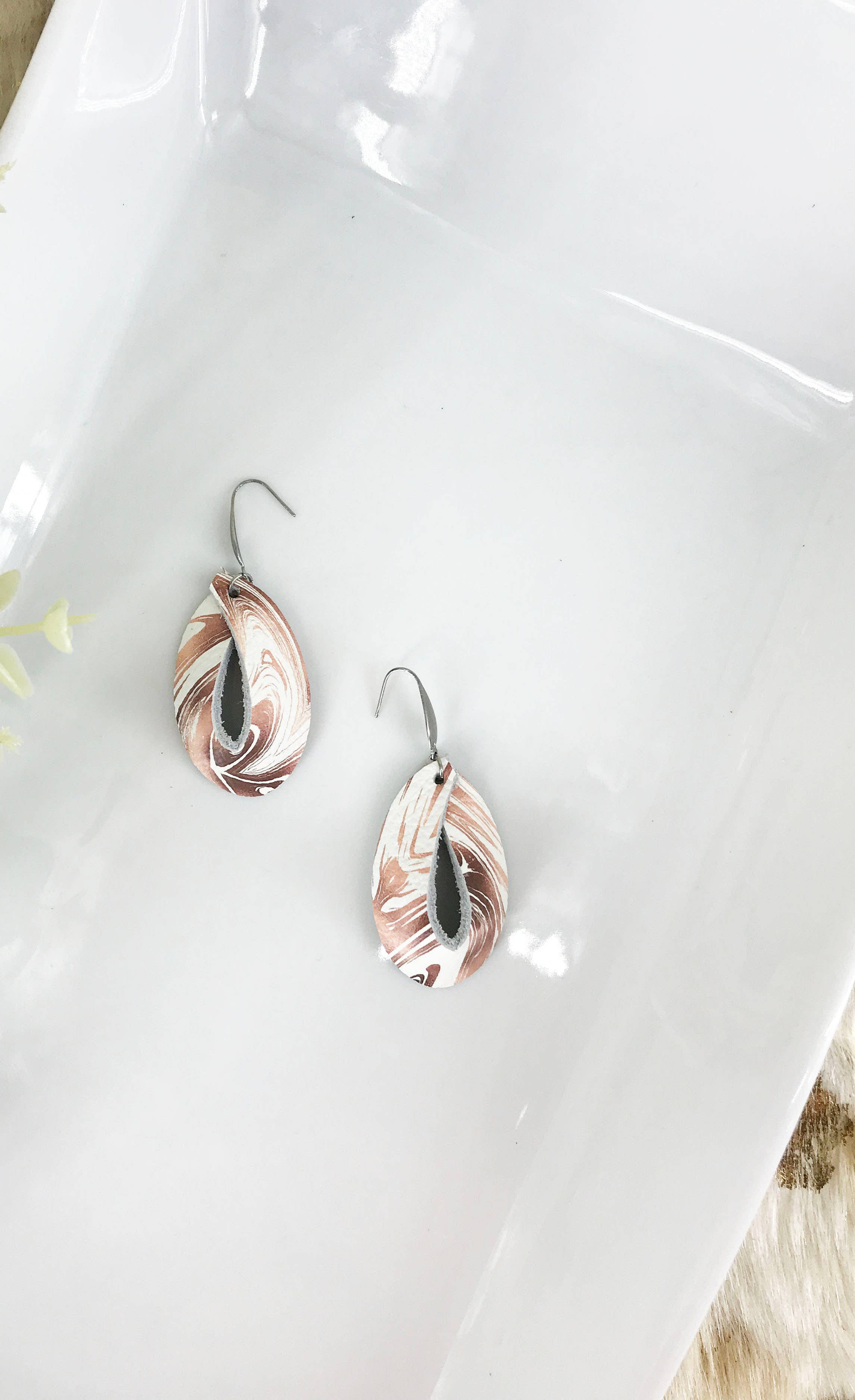 Marbled Root Beer on White Leather Earrings