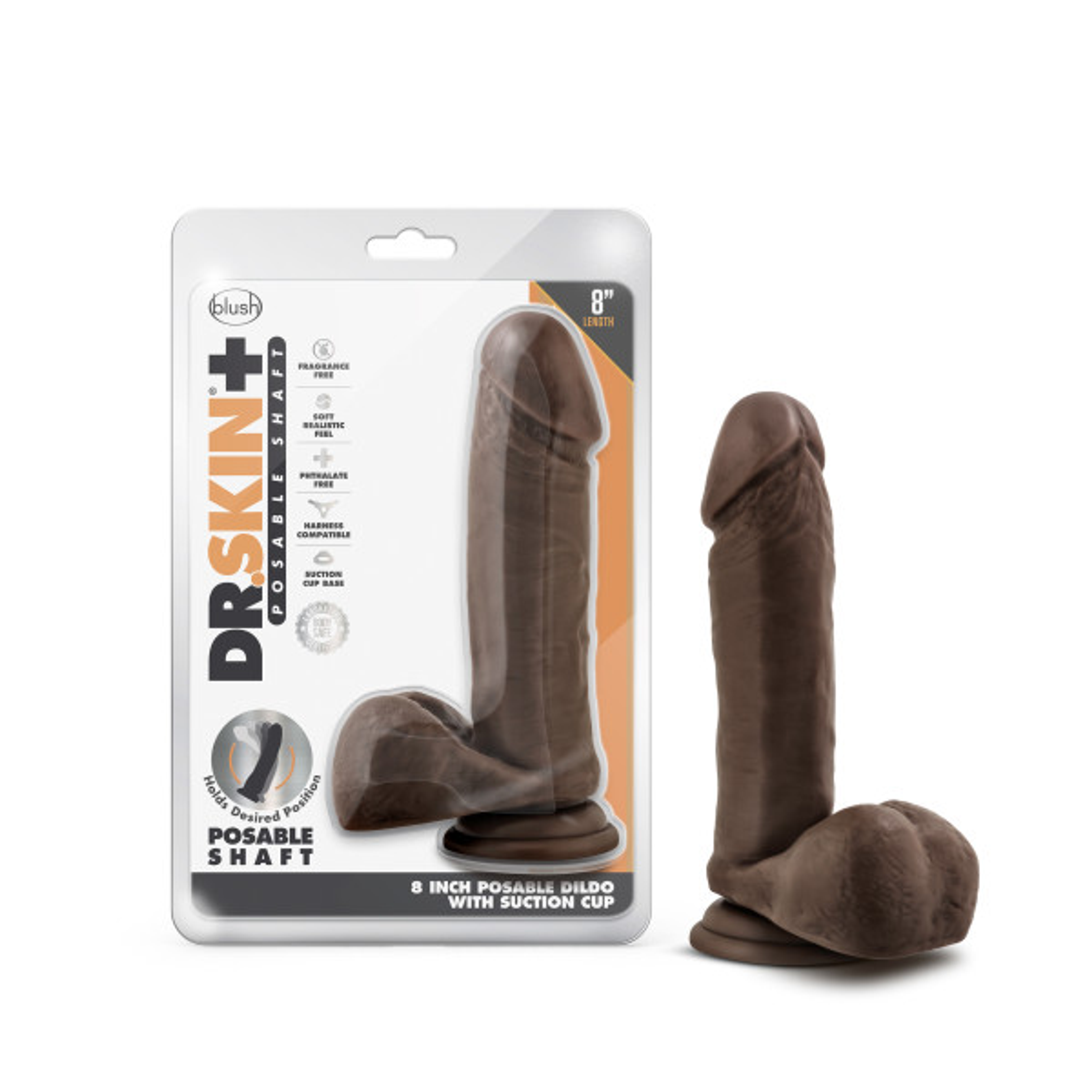 Dr. Skin Plus 8in Posable Dildo with Balls Chocolate by Blush Novelties – Bendable Realistic Dildo