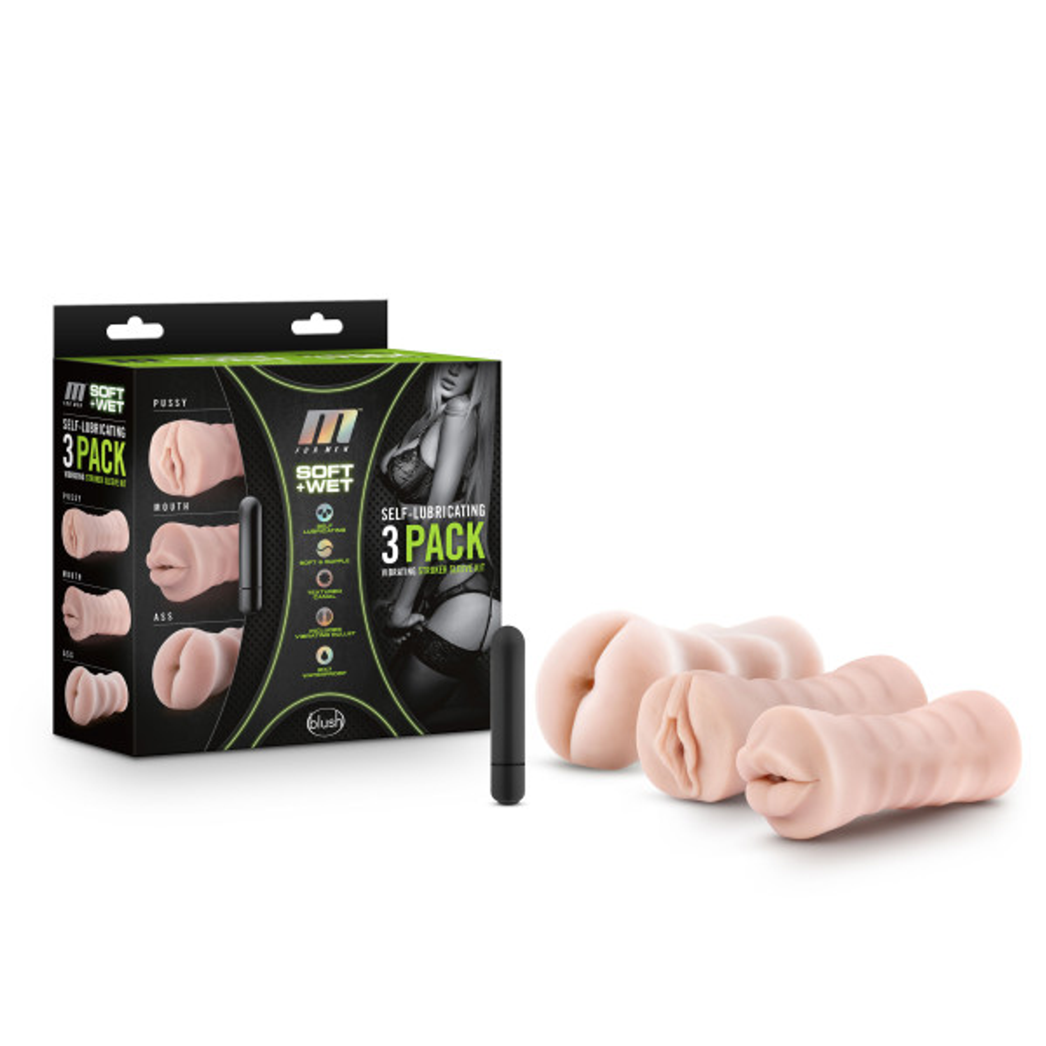 M for Men 3-Pack Vibrating Self-Lubricating Stroker Sleeve Kit