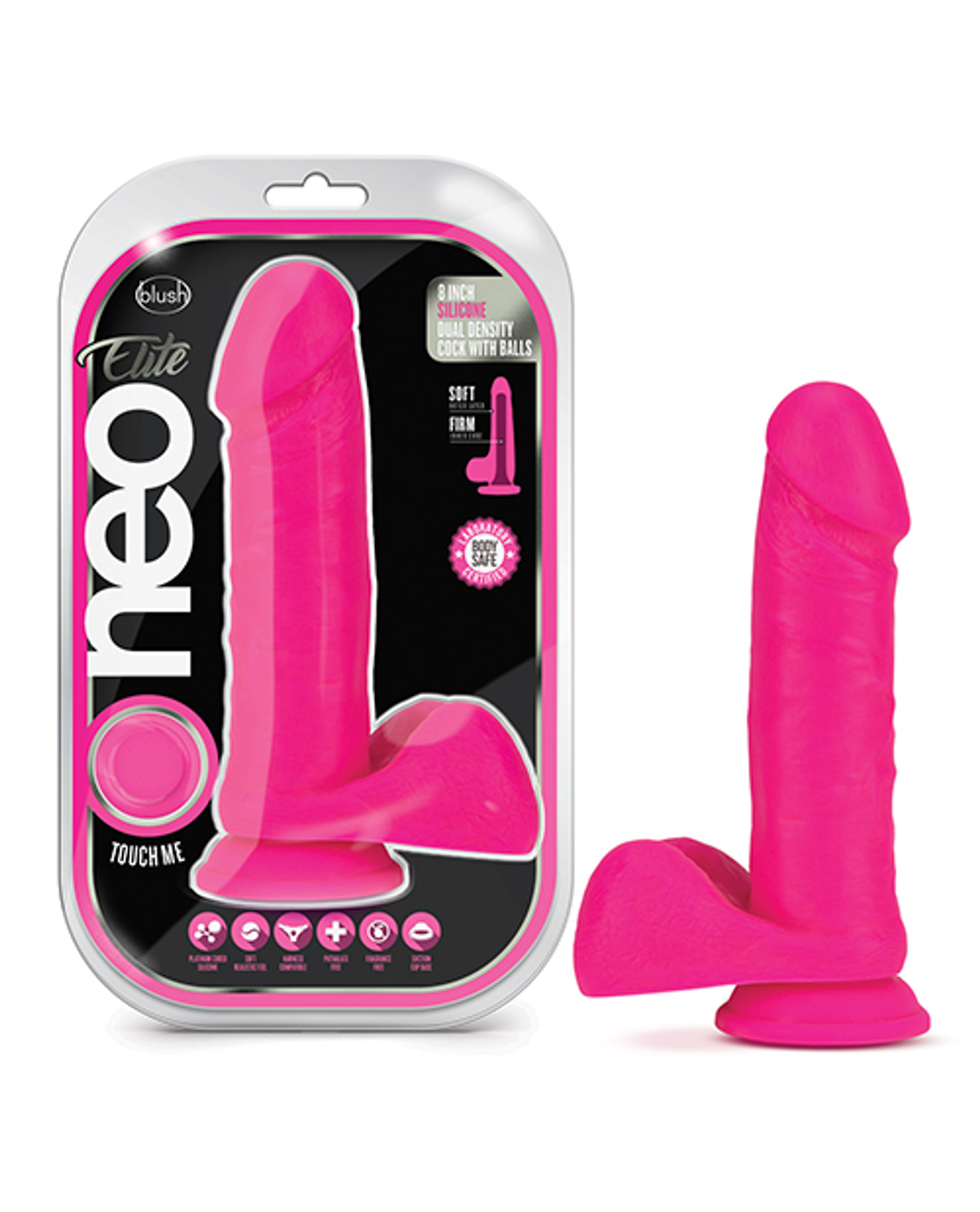 Neo Elite 8-Inch Silicone Dual Density Cock with Balls Neon Pink