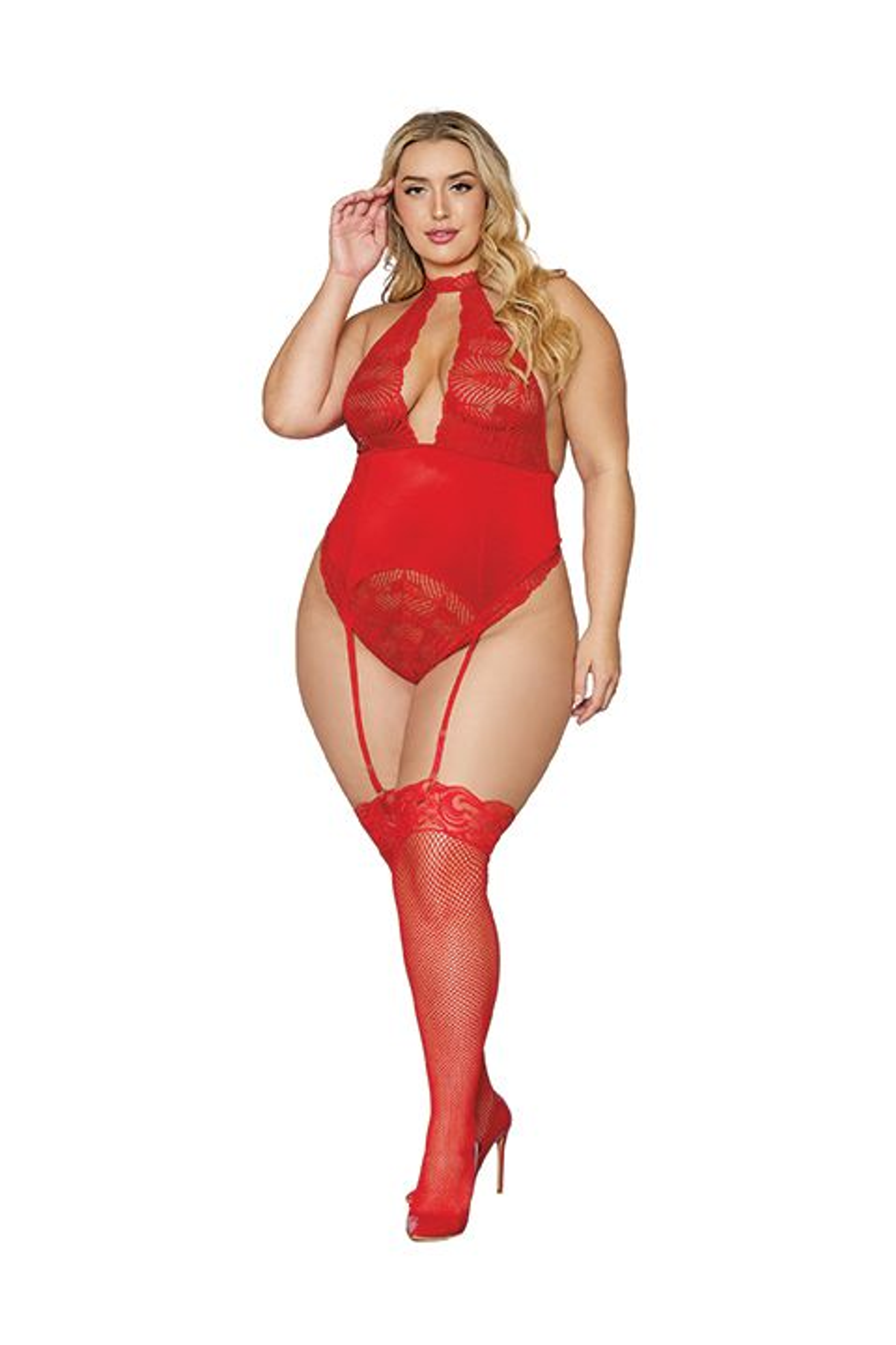 Stretch Lace & Velvet Garter Teddy Lipstick Red