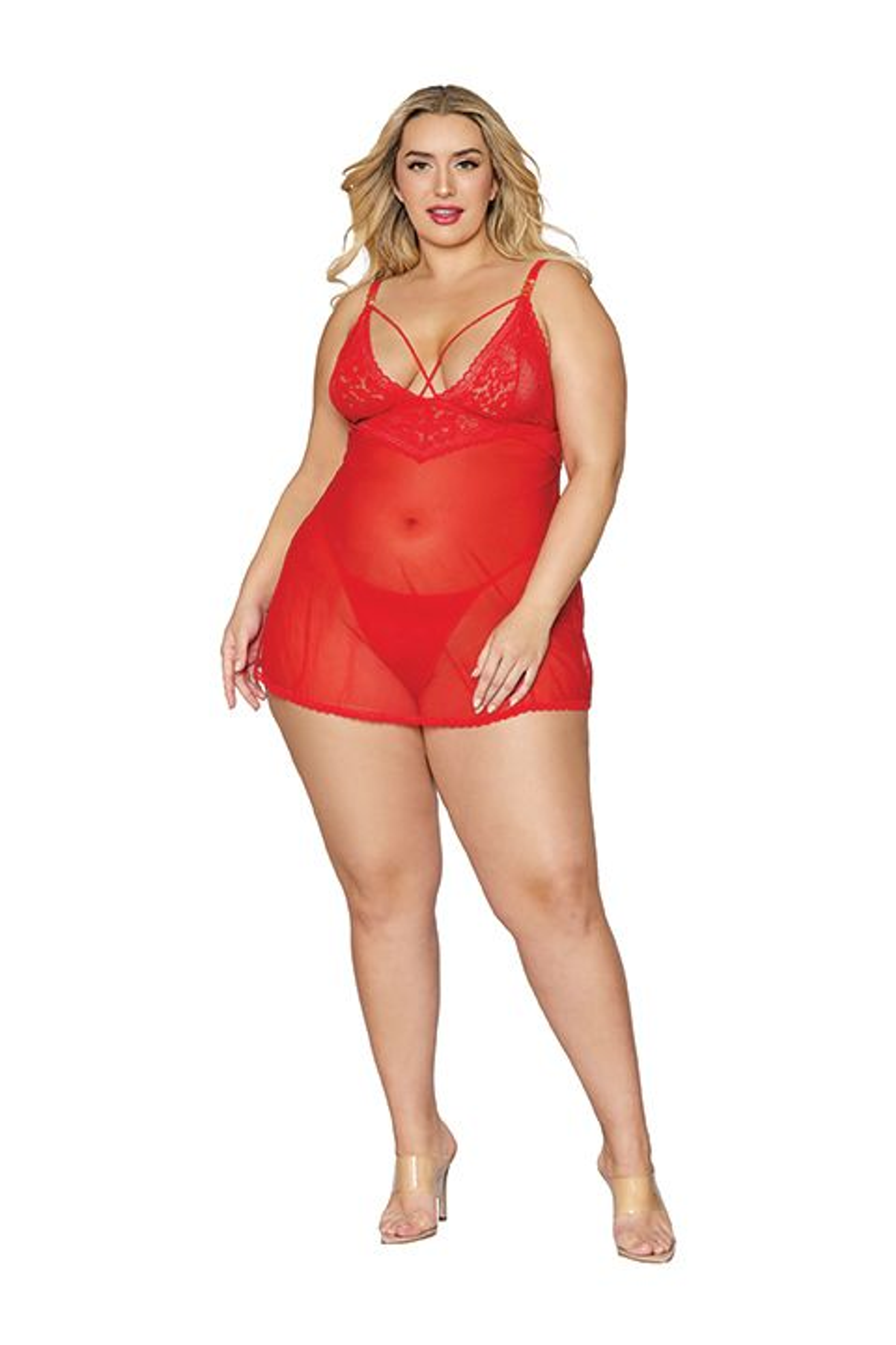 Lace & Mesh Babydoll & G-String Set Lipstick Red