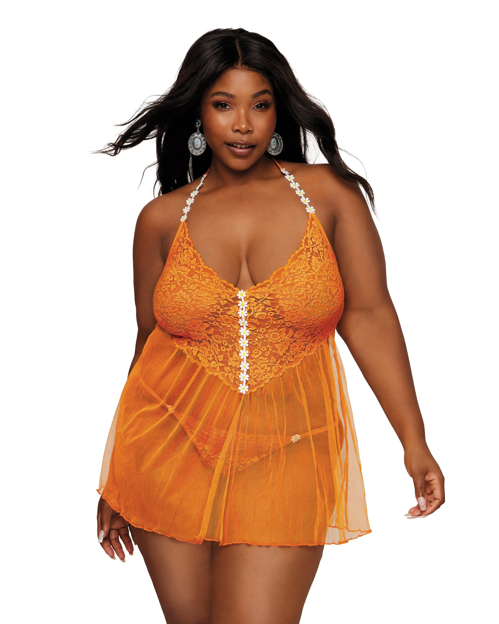 Dream Girl Floral Lace & Mesh Babydoll Tangerine Q/S