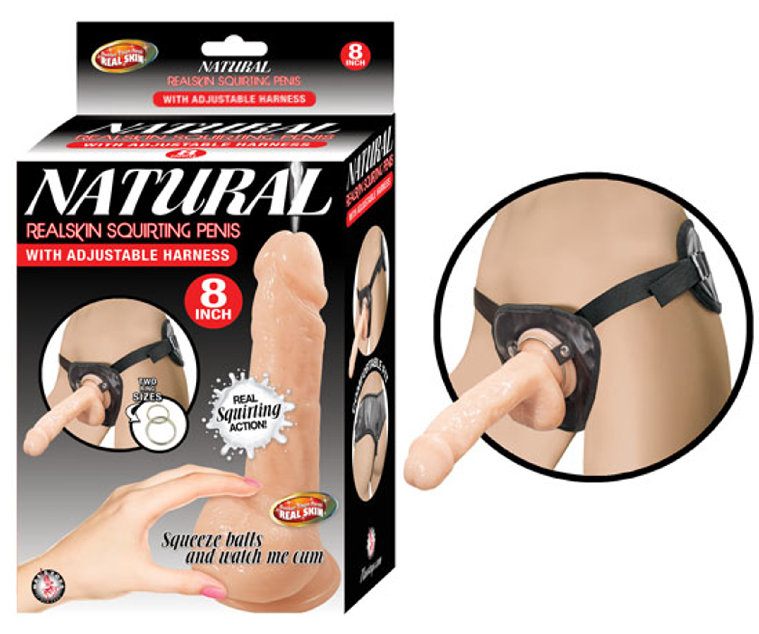 Natural Realskin Squirting Penis with Adjustable Harness, 8-Inch, Flesh