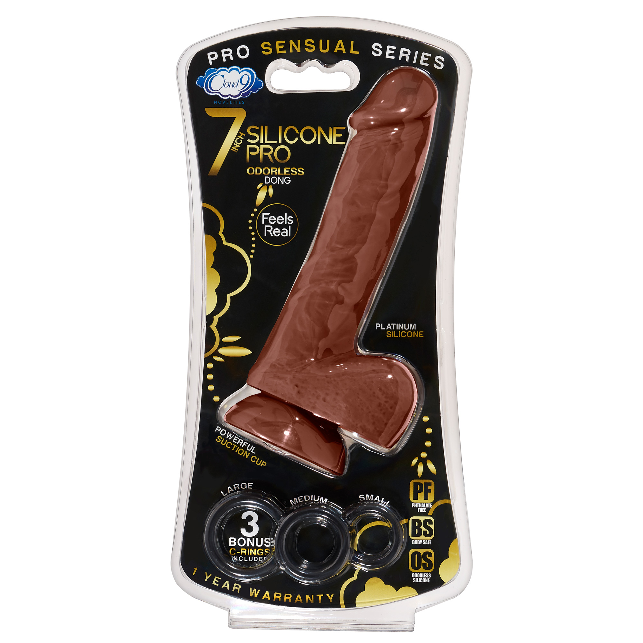 Pro Sensual Silicone Dong with 3 Cock Rings, Brown, 7 Inches