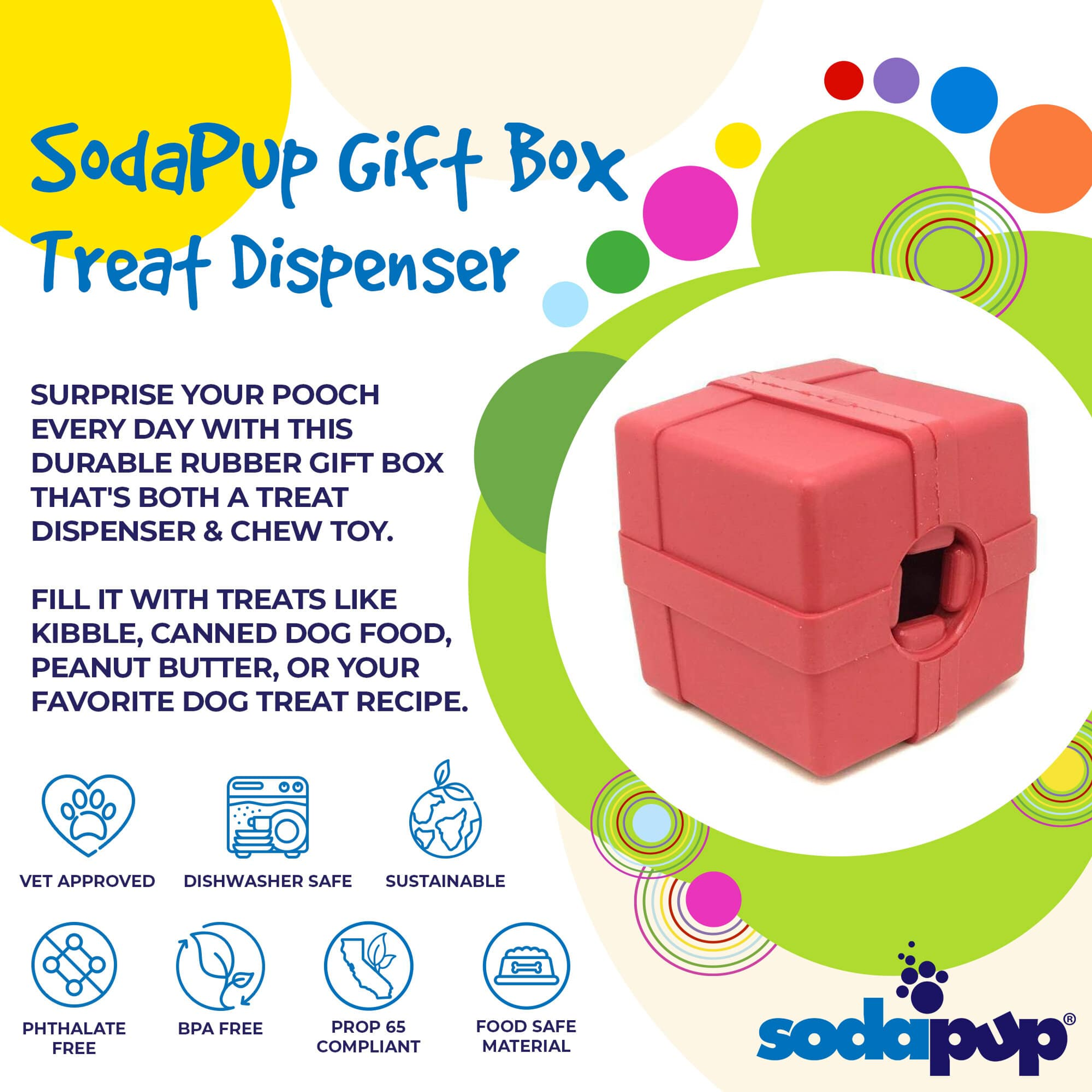 Chew Toy Treat Dispenser Durable Rubber Large 2.75 Inches Tall 2.75 Inches Wide 8.9 Ounces For Dogs 30-50 Pounds USA Made