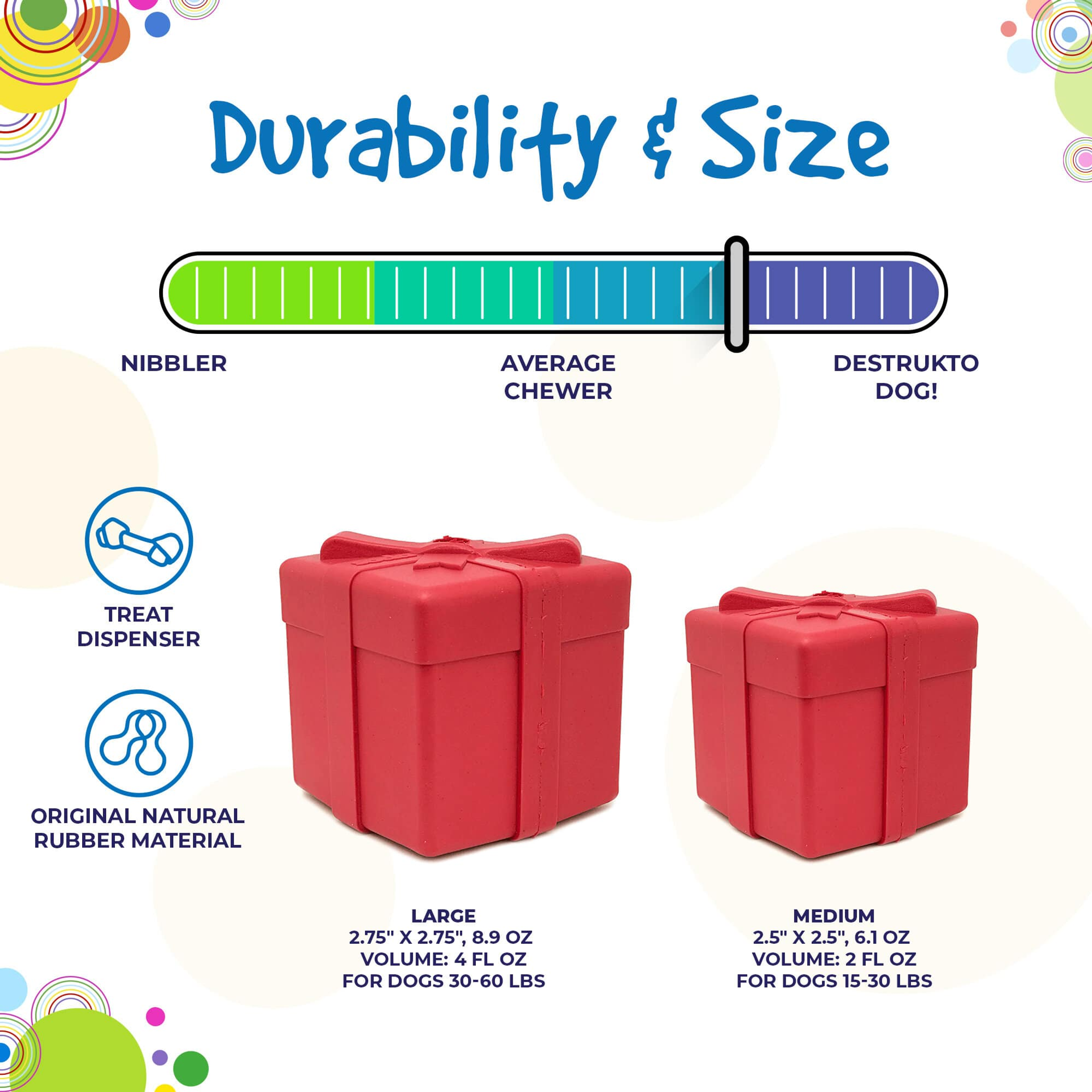 Chew Toy Treat Dispenser Durable Rubber Large 2.75 Inches Tall 2.75 Inches Wide 8.9 Ounces For Dogs 30-50 Pounds USA Made