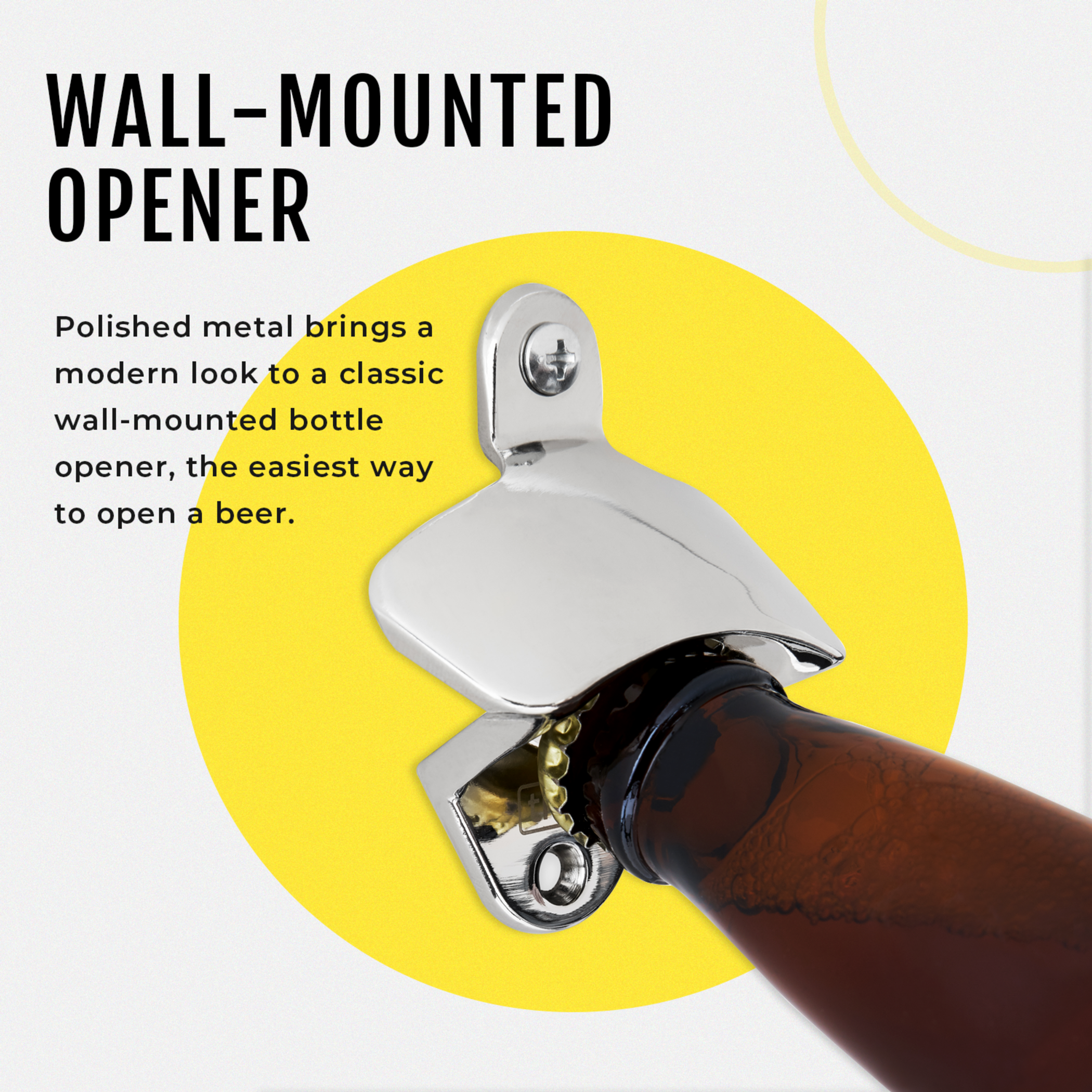 Bottle Opener Wall-Mounted Polished Metal Modern Look Screws Included Kitchen Patio Usage