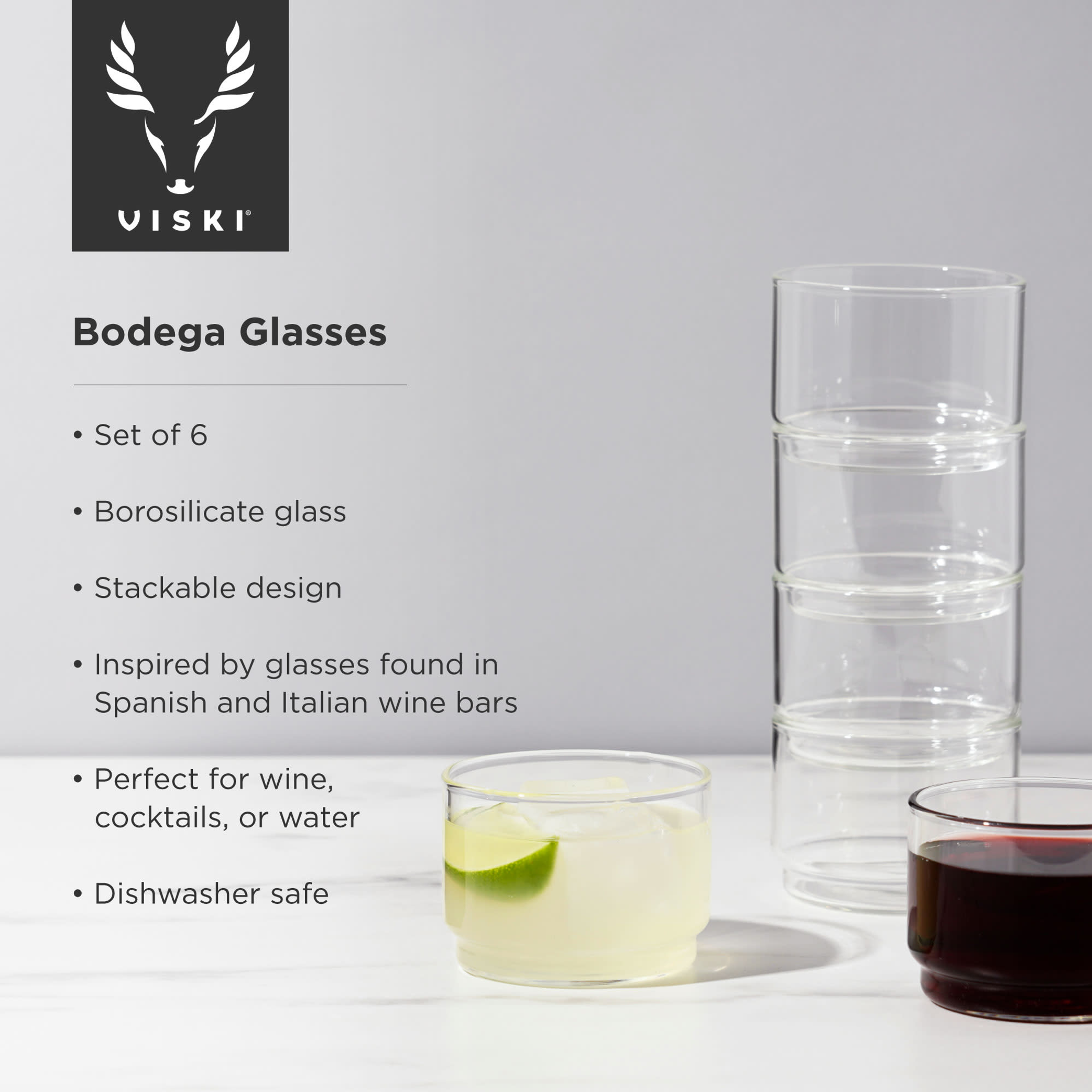 Glassware Stackable Bodega Glasses Set of 6 Borosilicate Glass 7 oz Modern Everyday Use Dishwasher Safe