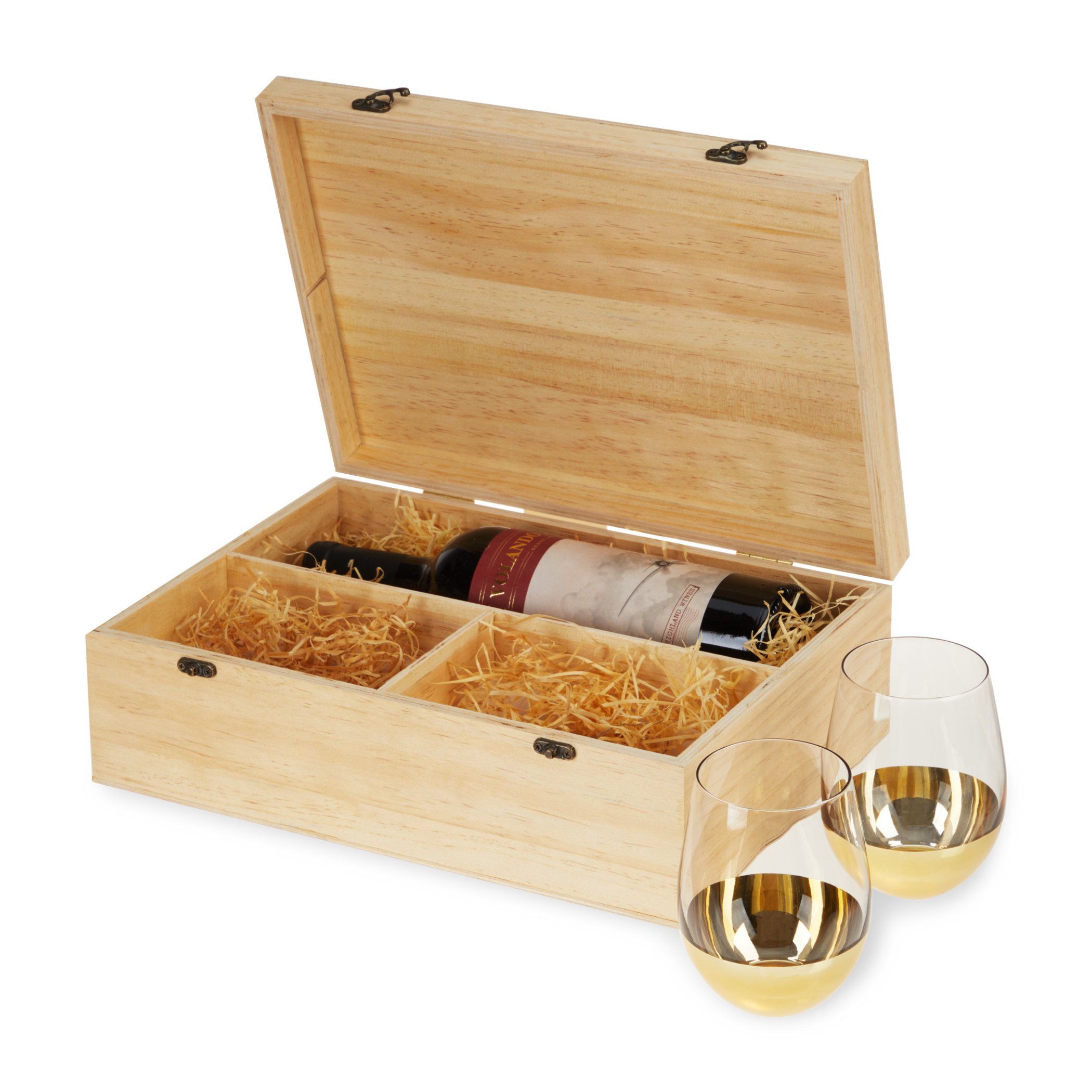 Wood Wine Box with Storage for One Bottle of Wine Two Gold Dipped Stemless Glasses Made of Wood Includes Packing Straw