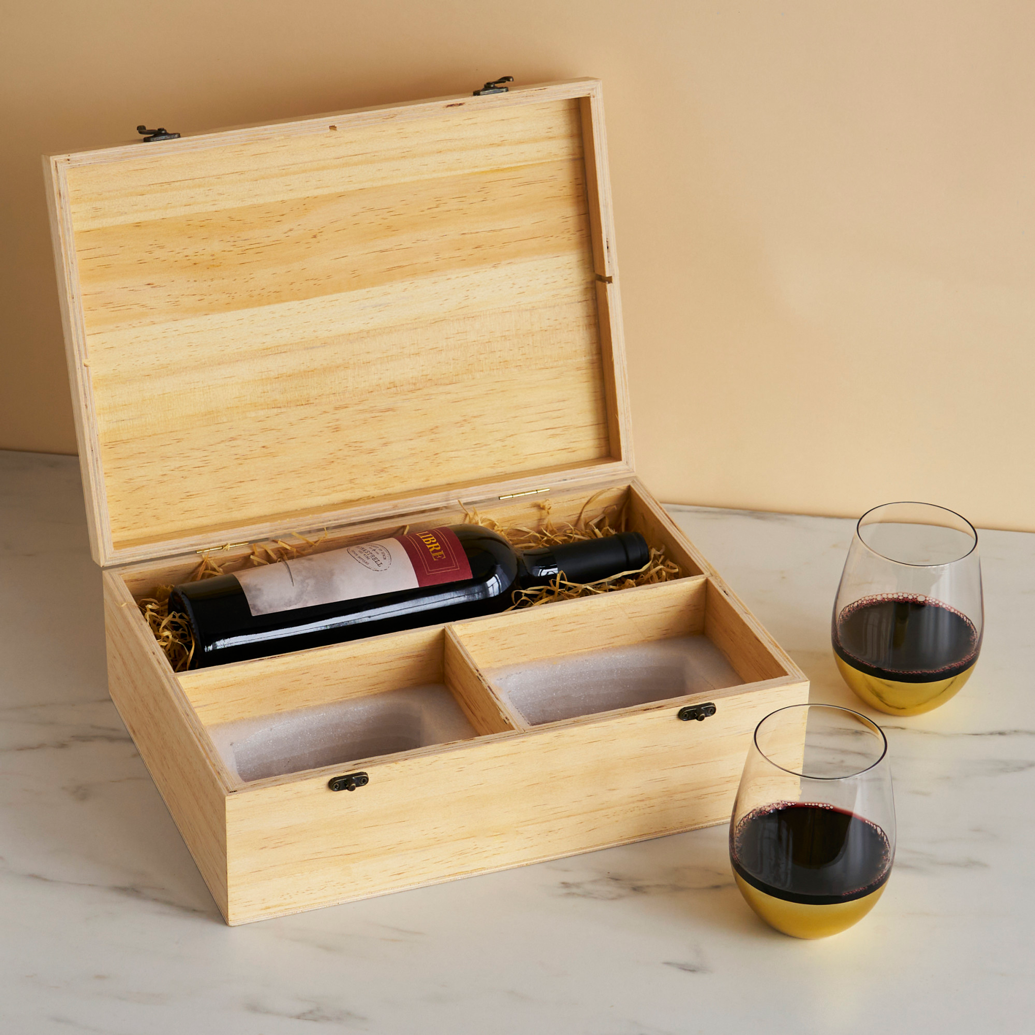 Wood Wine Box with Storage for One Bottle of Wine Two Gold Dipped Stemless Glasses Made of Wood Includes Packing Straw