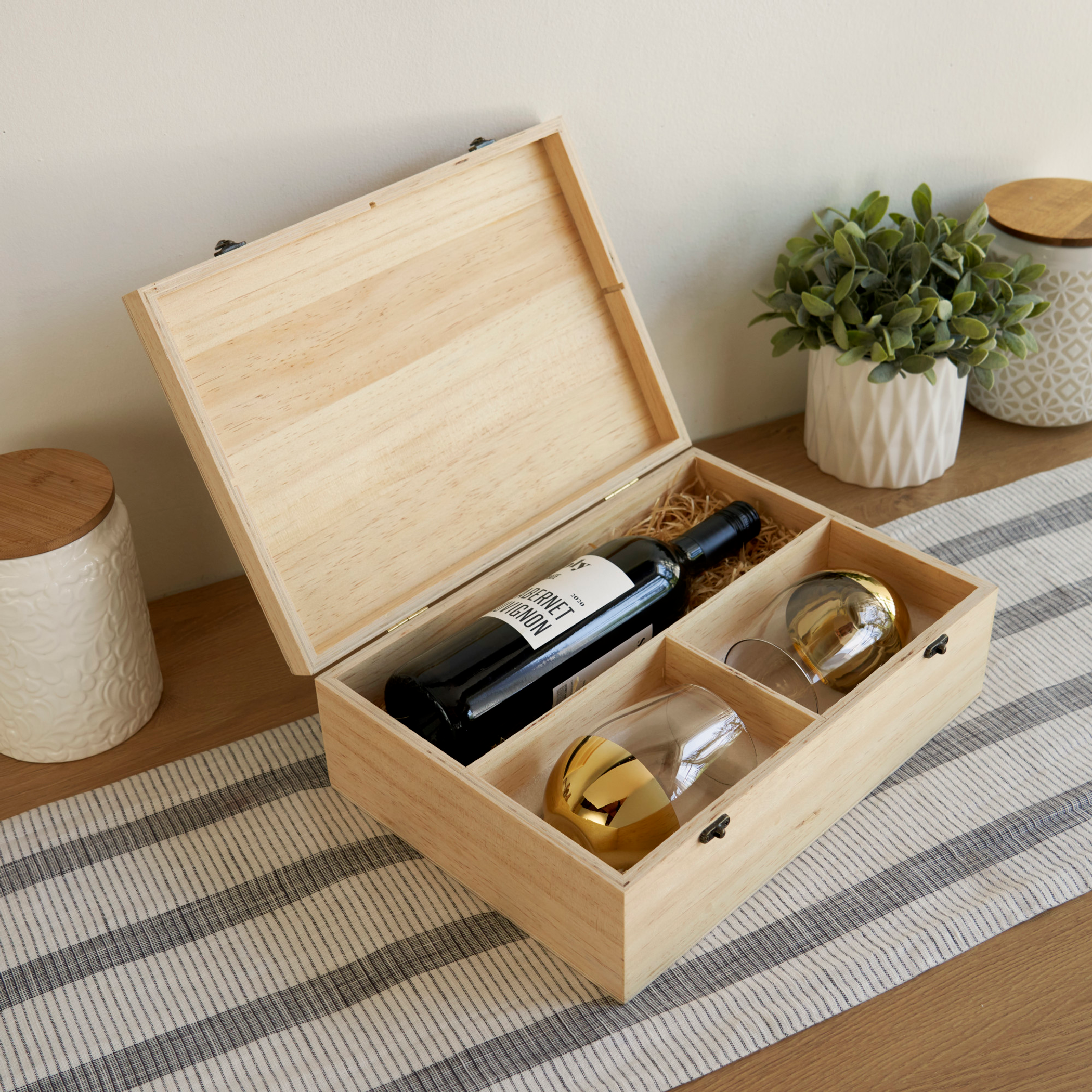 Wood Wine Box with Storage for One Bottle of Wine Two Gold Dipped Stemless Glasses Made of Wood Includes Packing Straw