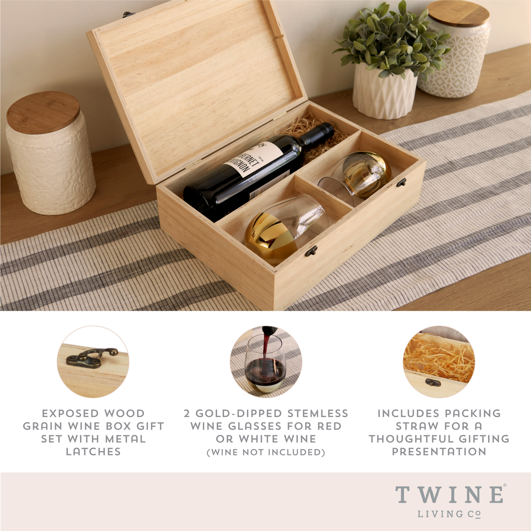Wood Wine Box with Storage for One Bottle of Wine Two Gold Dipped Stemless Glasses Made of Wood Includes Packing Straw