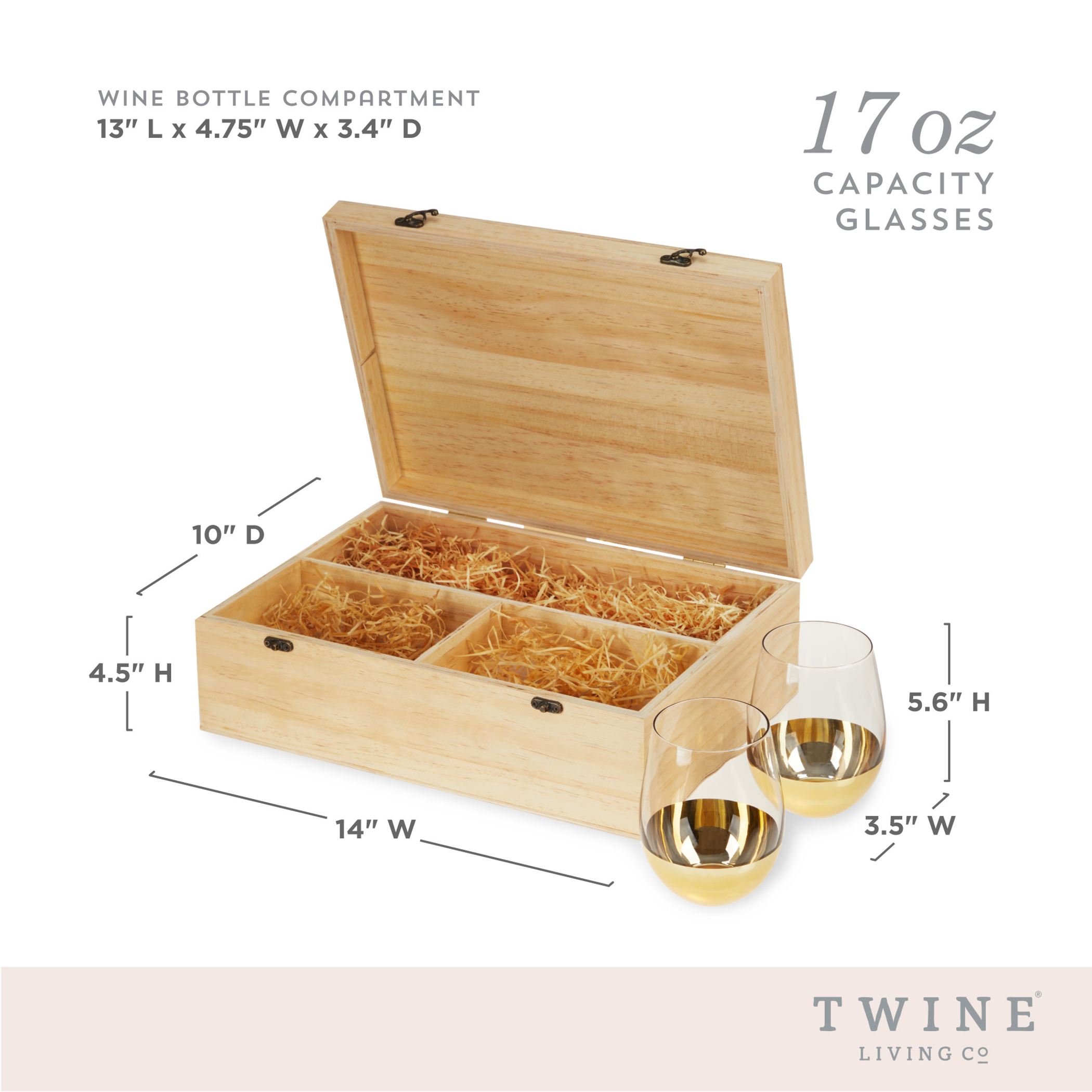 Wood Wine Box with Storage for One Bottle of Wine Two Gold Dipped Stemless Glasses Made of Wood Includes Packing Straw