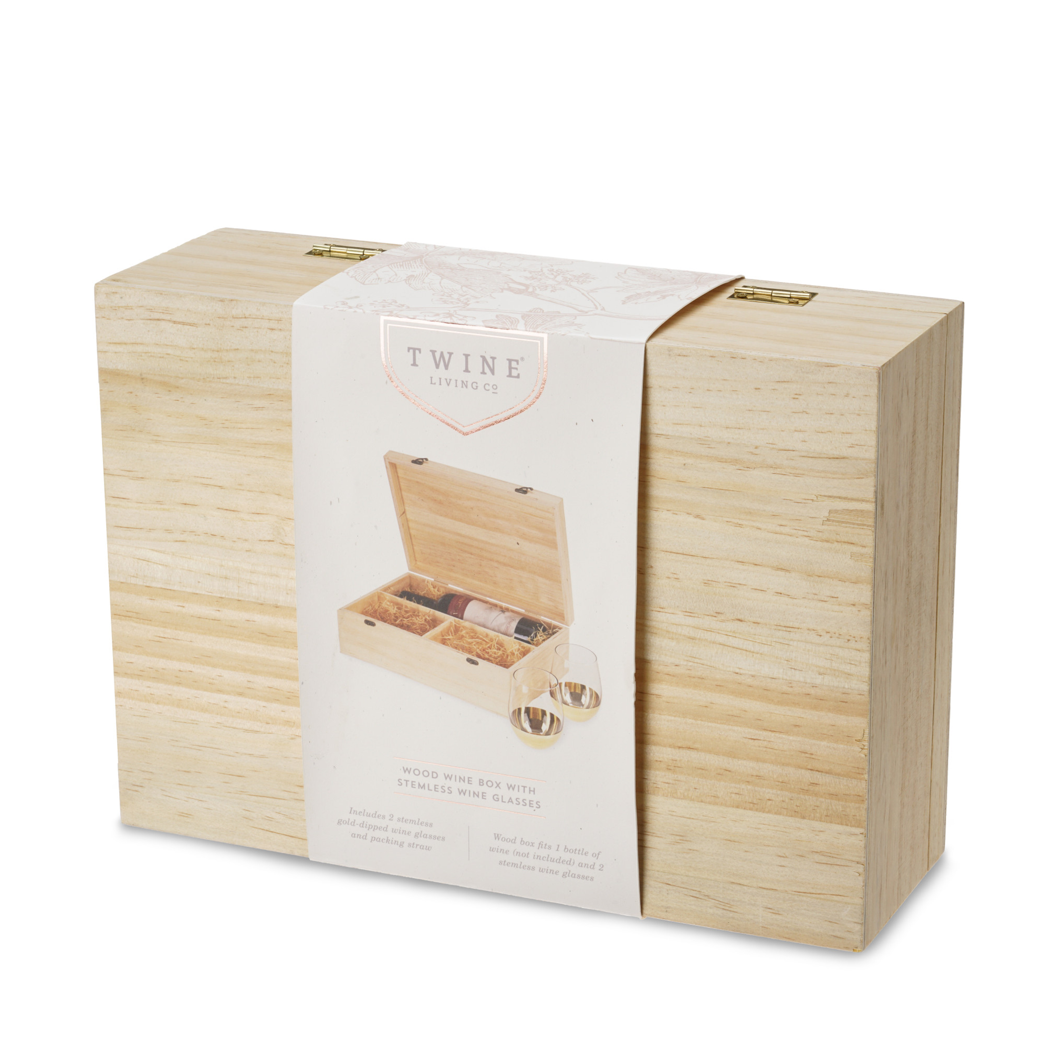 Wood Wine Box with Storage for One Bottle of Wine Two Gold Dipped Stemless Glasses Made of Wood Includes Packing Straw