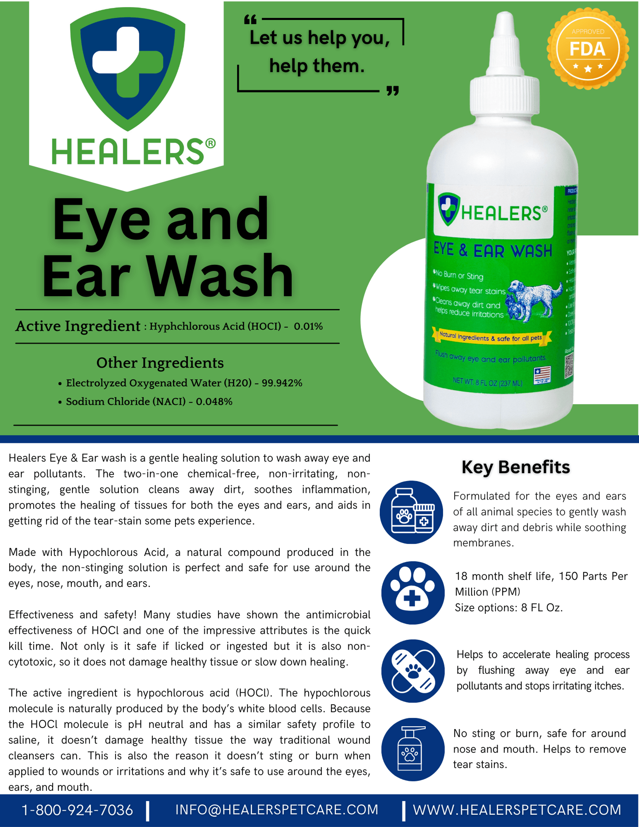Eye and Ear Wash 2-in-1 Gentle Cleansing Solution Non-Irritating Hypochlorous Acid 4oz 8oz for Pets