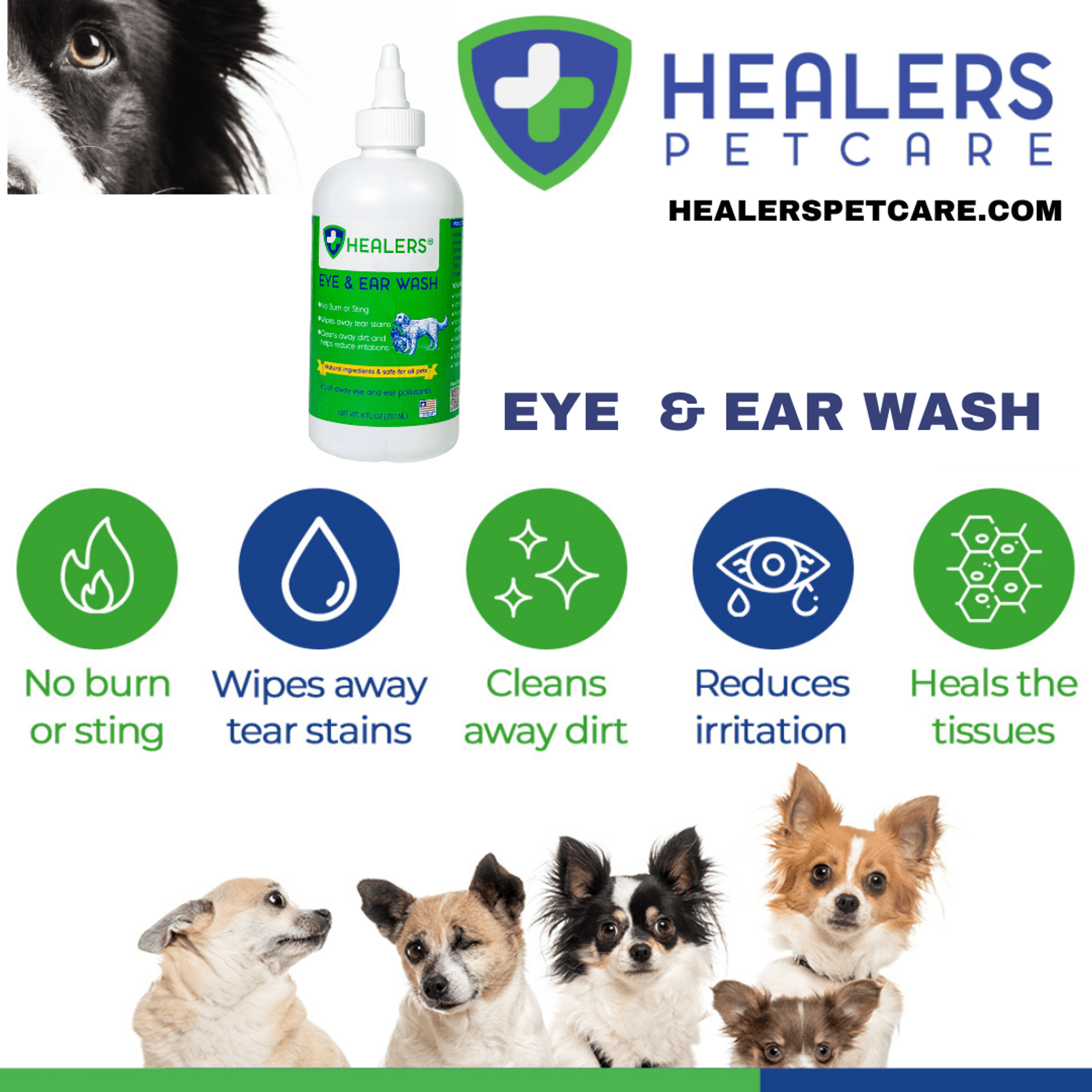 Eye and Ear Wash 2-in-1 Gentle Cleansing Solution Non-Irritating Hypochlorous Acid 4oz 8oz for Pets