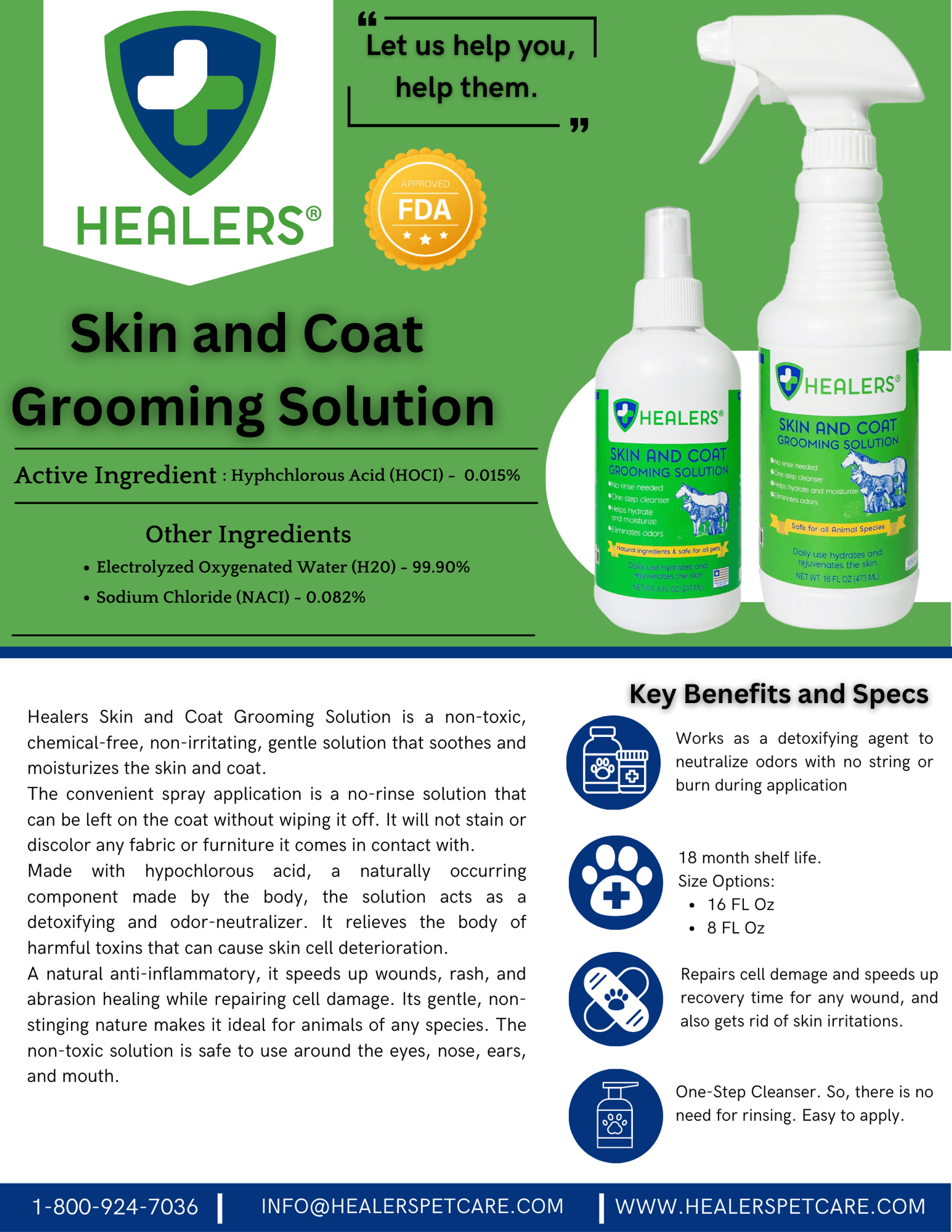 Grooming Spray Skin & Coat Natural Solution Detoxifying Agent Hypochlorous Acid 18 Month Shelf Life No Rinsing Needed
