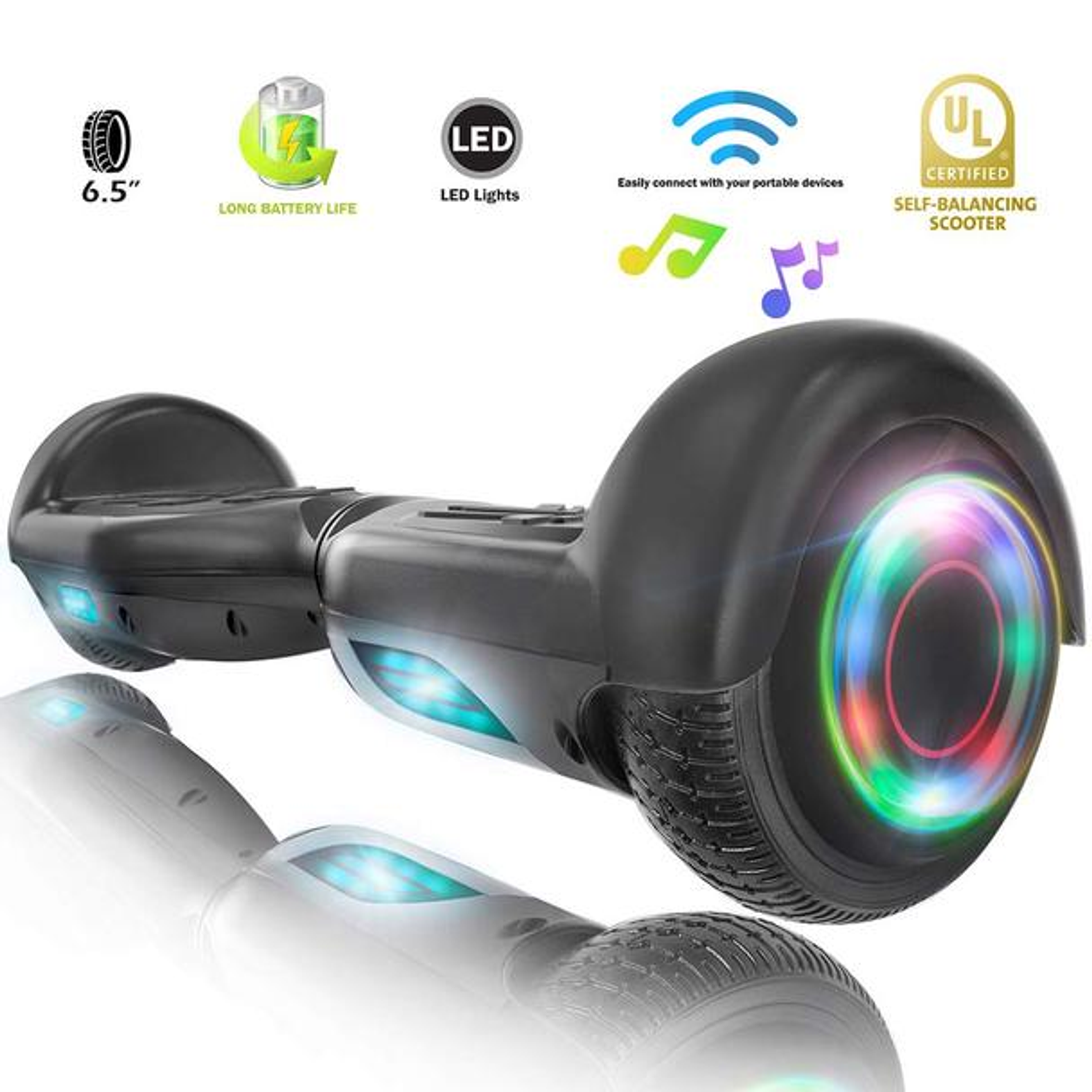 Hoverboard Bluetooth Speaker UL2272 Certified Max Speed 6mph Battery Charge Time 2-3 Hours Max Weight 220lbs Minimum Weight 45lbs