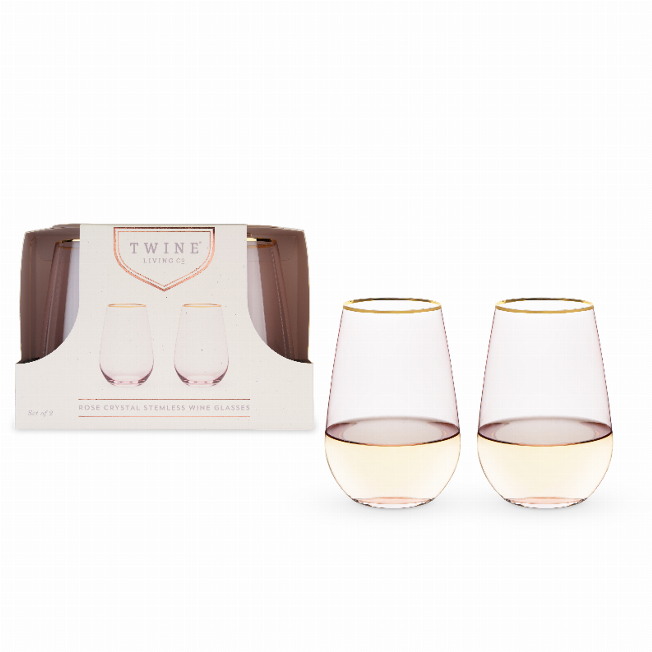 Wine Glass Set Stemless Wine Glasses 18 Oz Capacity Pink Tinted Lead Free Crystal Gold Rimmed Set Of 2 Ideal For White Red Wine Cocktails