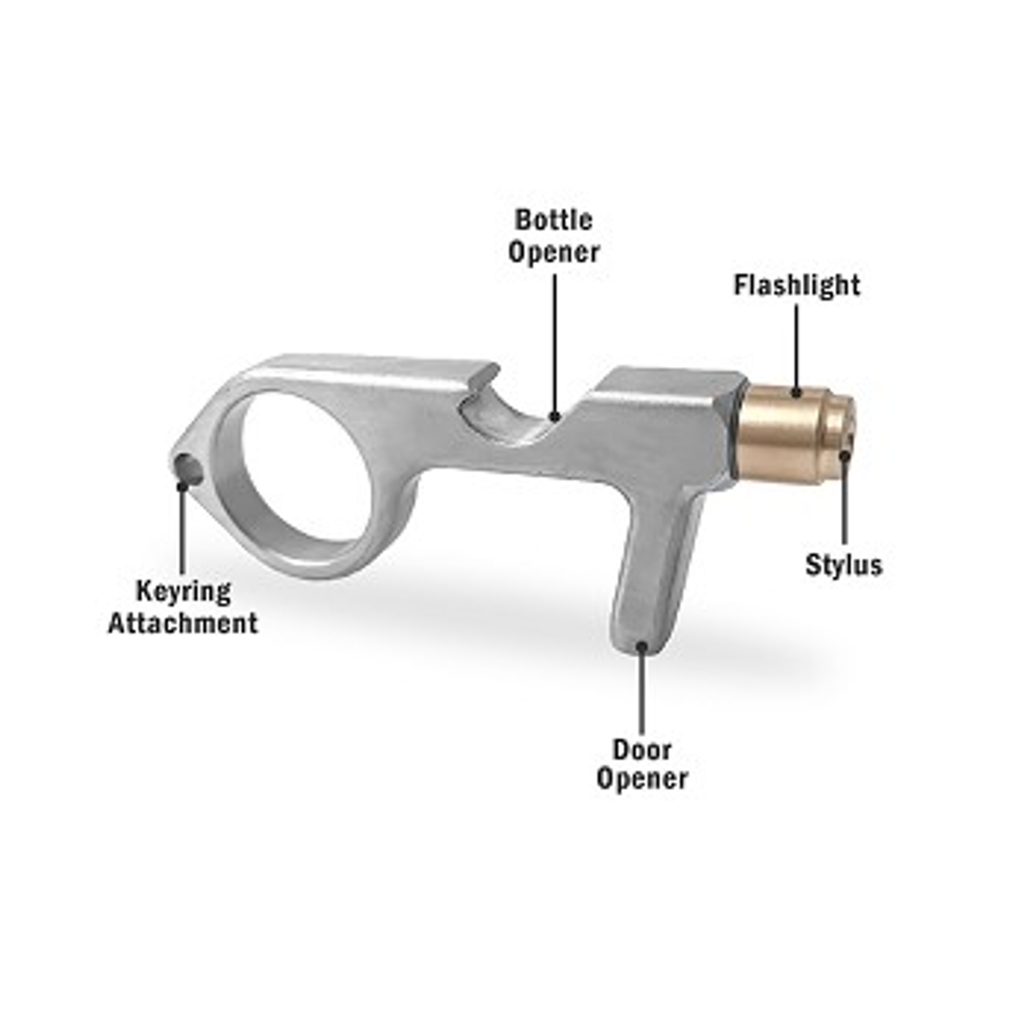 Keychain Multi-Tool Contact-Less Zinc 3 1/16 x 1 3/16 x 3/8 Inches Rose Gold Silver Purple Includes LED Flashlight Two AG1 Batteries